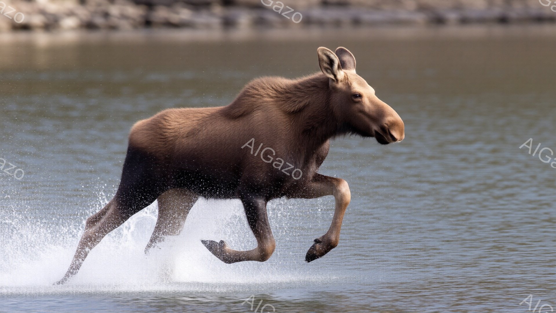 広大な水面を、大きなシカのようなどっしりとした体格のヘラジカが力強く走り抜けている様子が捉えられています。水しぶきが上がり、その動きの速さと力強さが伝わってきます。背景は穏やかな水面が広がり、自然豊かな雰囲気を醸し出しています。