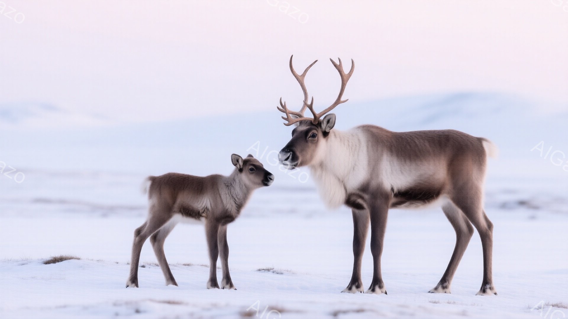 雪に覆われた平原に、親子のトナカイが並んで立っている。子どものトナカイはまだ小さく、親のトナカイは堂々とした姿で、互いに顔を寄せ合っている様子が伺える。背景は白く広がり、遠くにはぼんやりとした丘が見え、静かで穏やかな冬の雰囲気が漂っている。