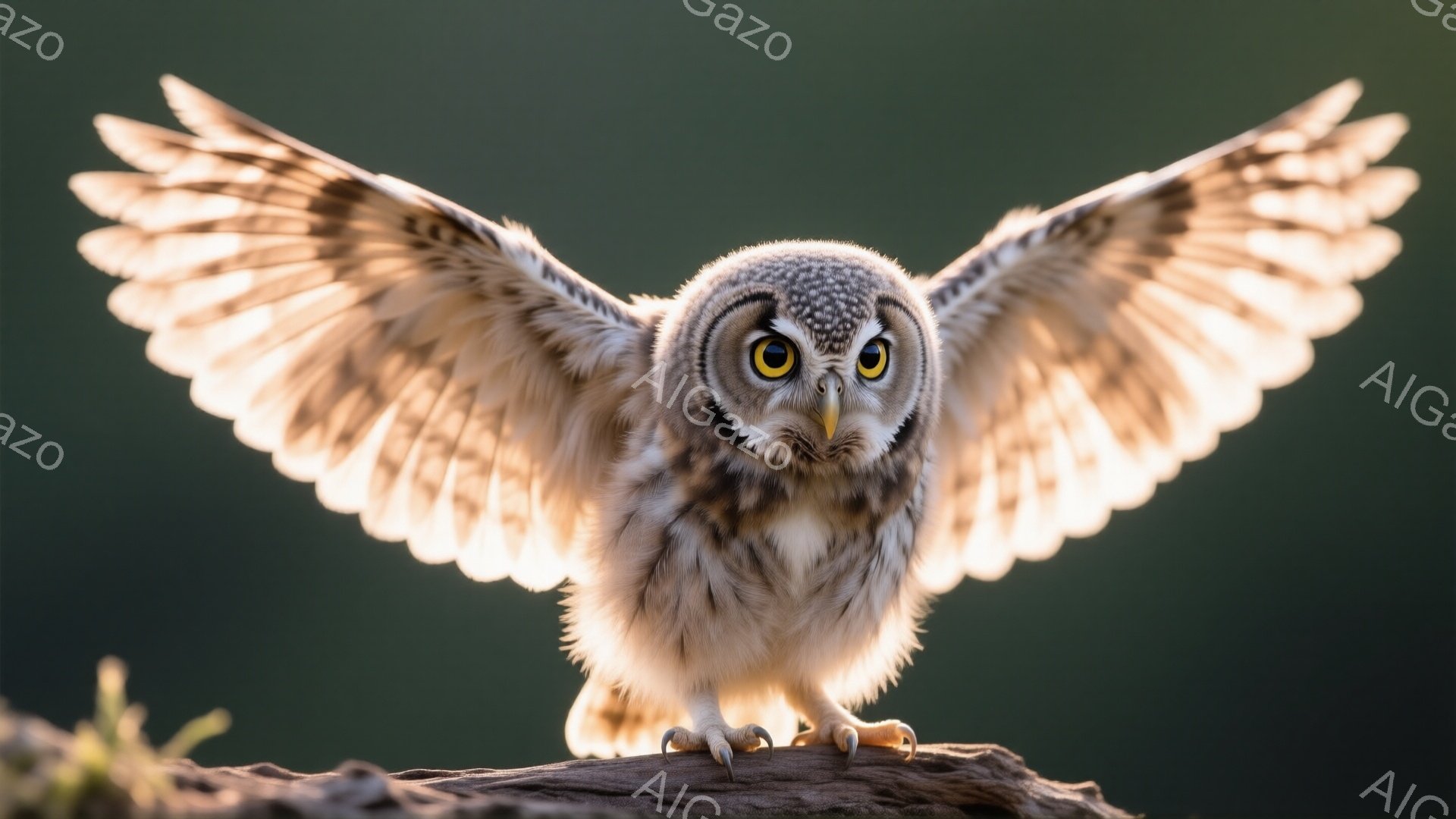 鮮やかな緑色の背景に、翼を大きく広げたフクロウがとどまっています。鋭い黄色い目と、茶色と白の美しい羽毛が特徴的で、獲物を狙うかのように前方を凝視しています。朽ちかけた木の枝にしっかりと足を固定し、堂々とした風格を漂わせています。