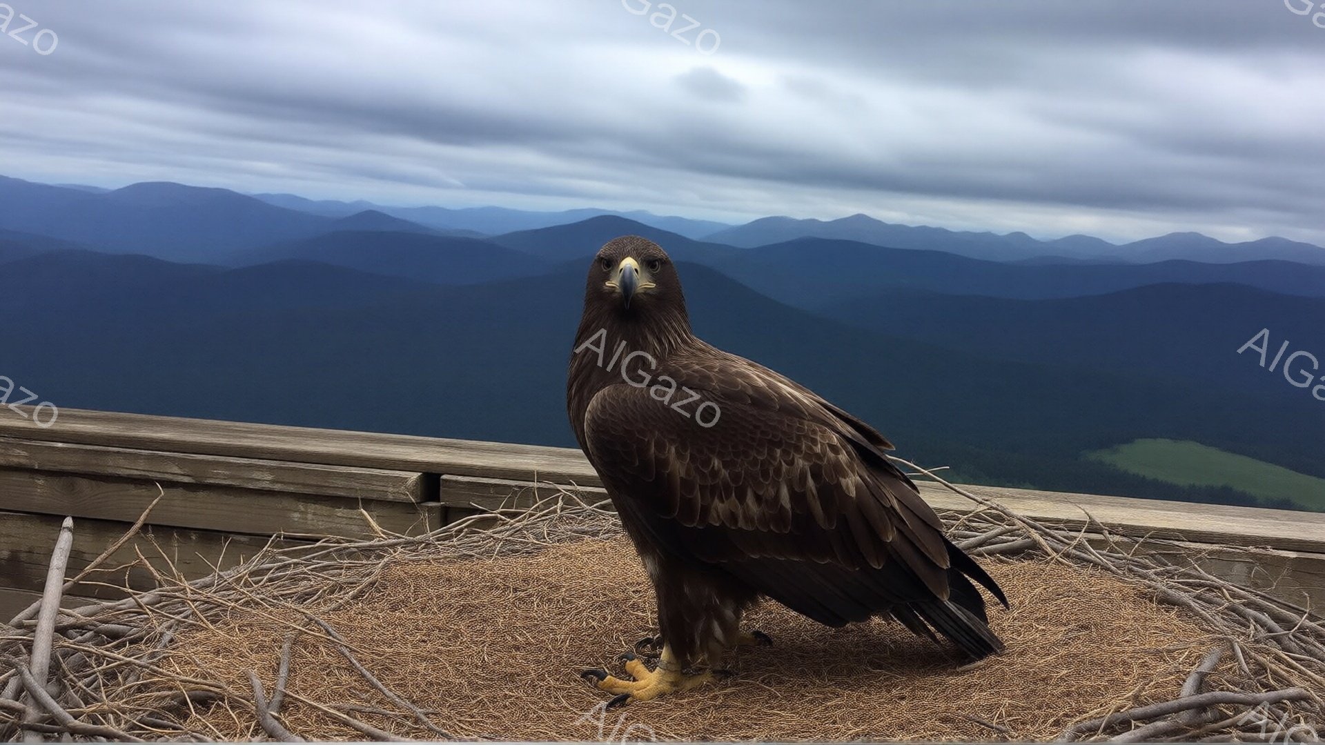 茶褐色のワシが、藁で作られた巣のようなものの上に立っている。背景には、青みがかった山々が連なり、曇り空の下で雄大な景色が広がっている。ワシは鋭い眼差しで正面を見据え、威厳のある姿を見せている。