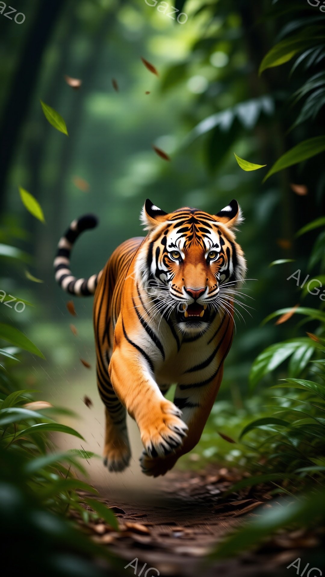 鮮やかなオレンジと黒の縞模様を持つトラが、緑豊かな森林の中を力強く走り抜けている。鋭い眼光とわずかに開いた口元からは野生の力強さと狩りの本能が感じられる。背景には緑の葉が茂り、葉が舞い散る様子から、森林の静けさと活気が伝わってくる。