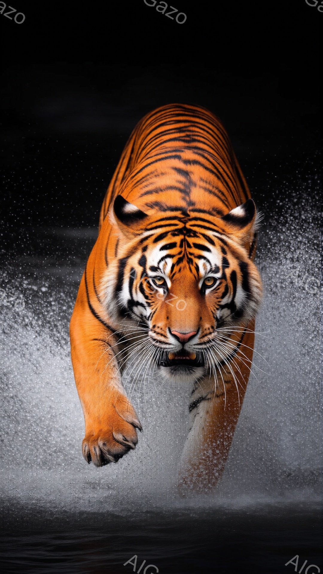 強力なトラが正面を向いて、水しぶきを上げながら疾走している様子が捉えられています。その毛並みは鮮やかなオレンジ色と黒色の縞模様で覆われ、鋭い眼光は獲物を捉えようとしているかのようです。暗い背景がトラの力強さを際立たせ、躍動感あふれる瞬間を捉えた一枚です。