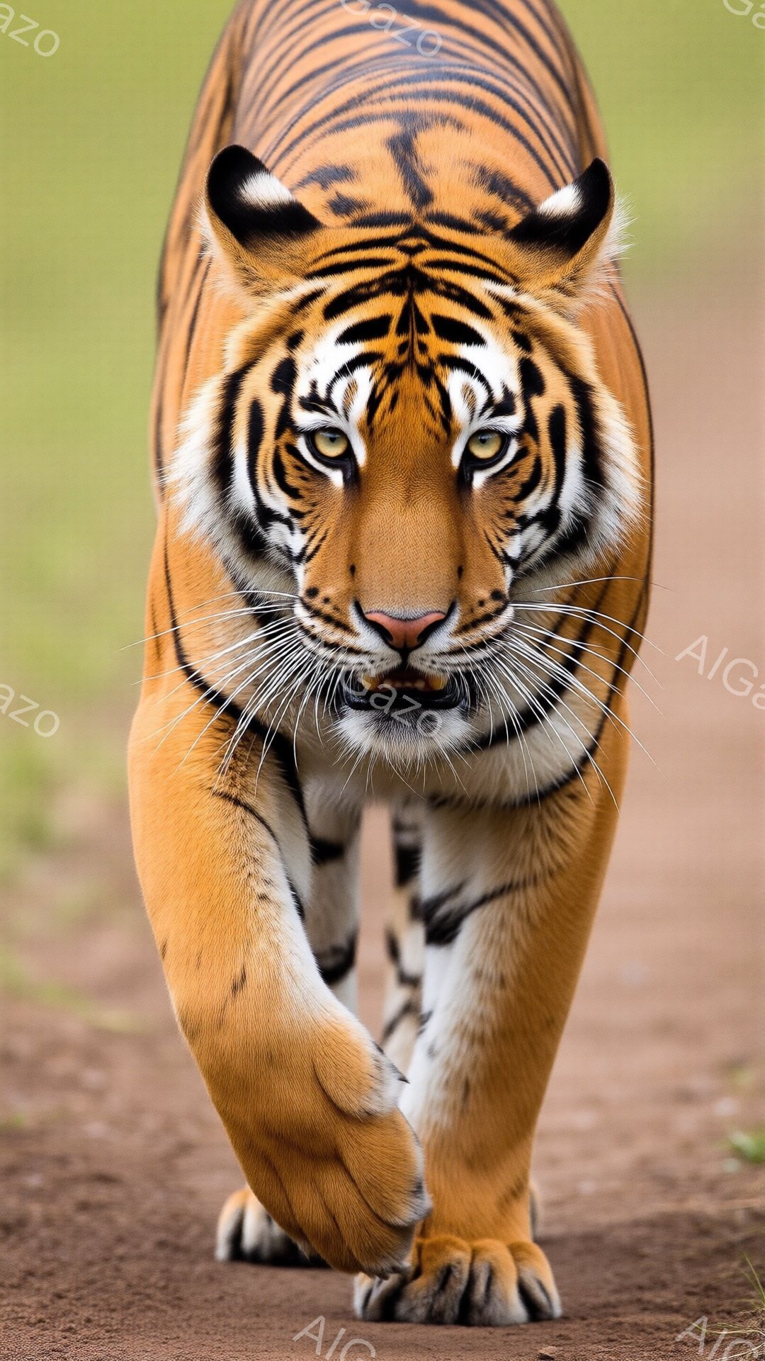 鮮やかなオレンジと黒の縞模様を持つ巨大なトラが、茶色の土の道をまっすぐこちらに向かって歩いてくる。鋭い眼光とわずかに開いた口元からは、力強さと威厳が感じられる。背景は緑色の植物でぼやけており、トラが際 - AI生成フリー素材