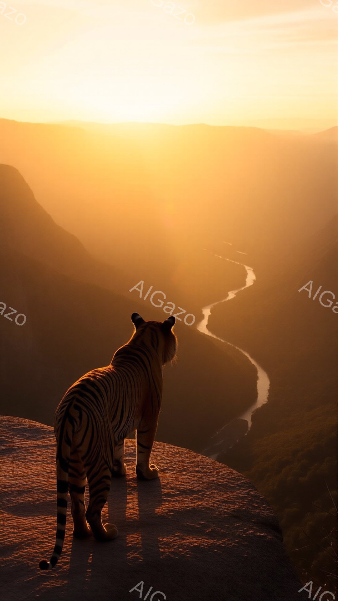 縞模様のトラが、切り立った崖の上に立って遠くの渓谷を見下ろしている。夕焼けのようなオレンジ色の光が全体を包み込み、渓谷には蛇行する川が流れ、神秘的で荘厳な雰囲気を醸し出している。トラのシルエットと背景 - AI生成フリー素材