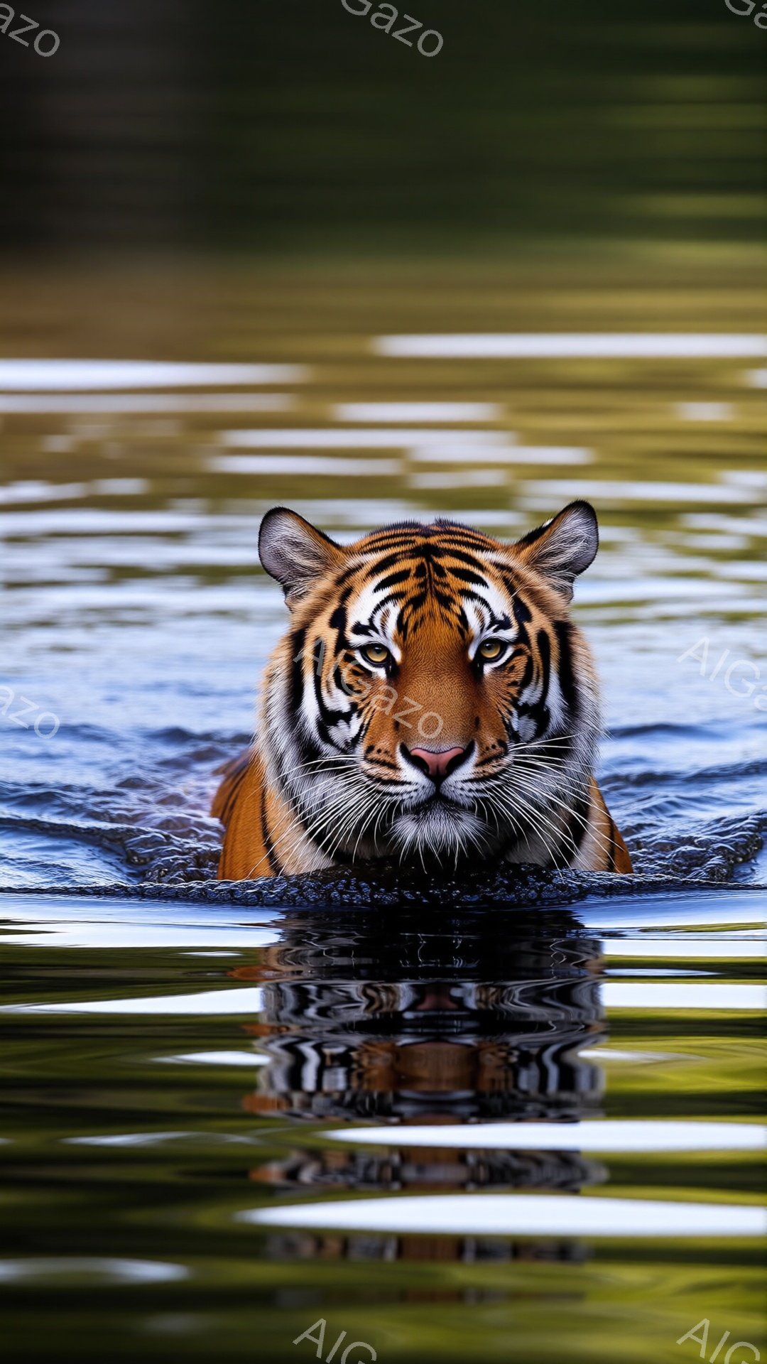水中に顔を浸し、鋭い眼光で正面を見据えるトラが写っている。水面はわずかに波立ち、トラの顔の半分が水に浸かっている様子が、力強くも神秘的な雰囲気を醸し出している。背景は緑豊かな自然で、水面にはトラの鮮やかな姿が映り込み、生き生きとした生命力を感じさせる。