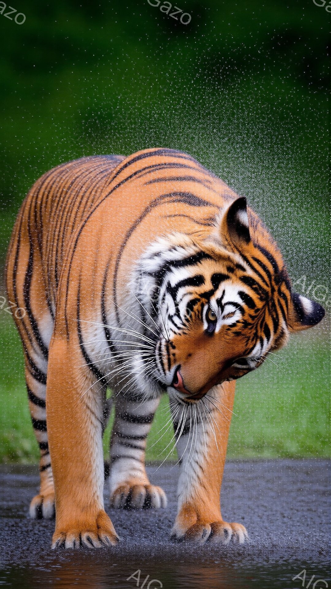 力強いベンガルトラが水たまりの中を歩いており、体毛が水しぶきで濡れている。鋭い眼差しとわずかに開いた口元は、野生の力強さと躍動感を表している。背景には緑豊かな草が生い茂り、水しぶきの光が反射して、生き生きとした自然の雰囲気を醸し出している。