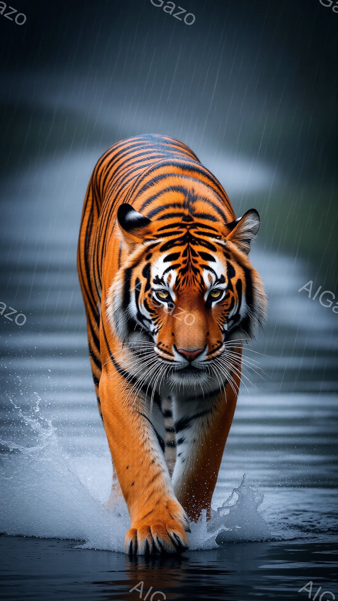 鮮やかなオレンジと黒の縞模様を持つトラが、水しぶきを上げながら浅瀬を歩いている姿が捉えられています。トラは力強く前進しており、鋭い眼光でこちらを見つめています。背景は雨に煙る暗い自然で、全体的に力強く - AI生成フリー素材