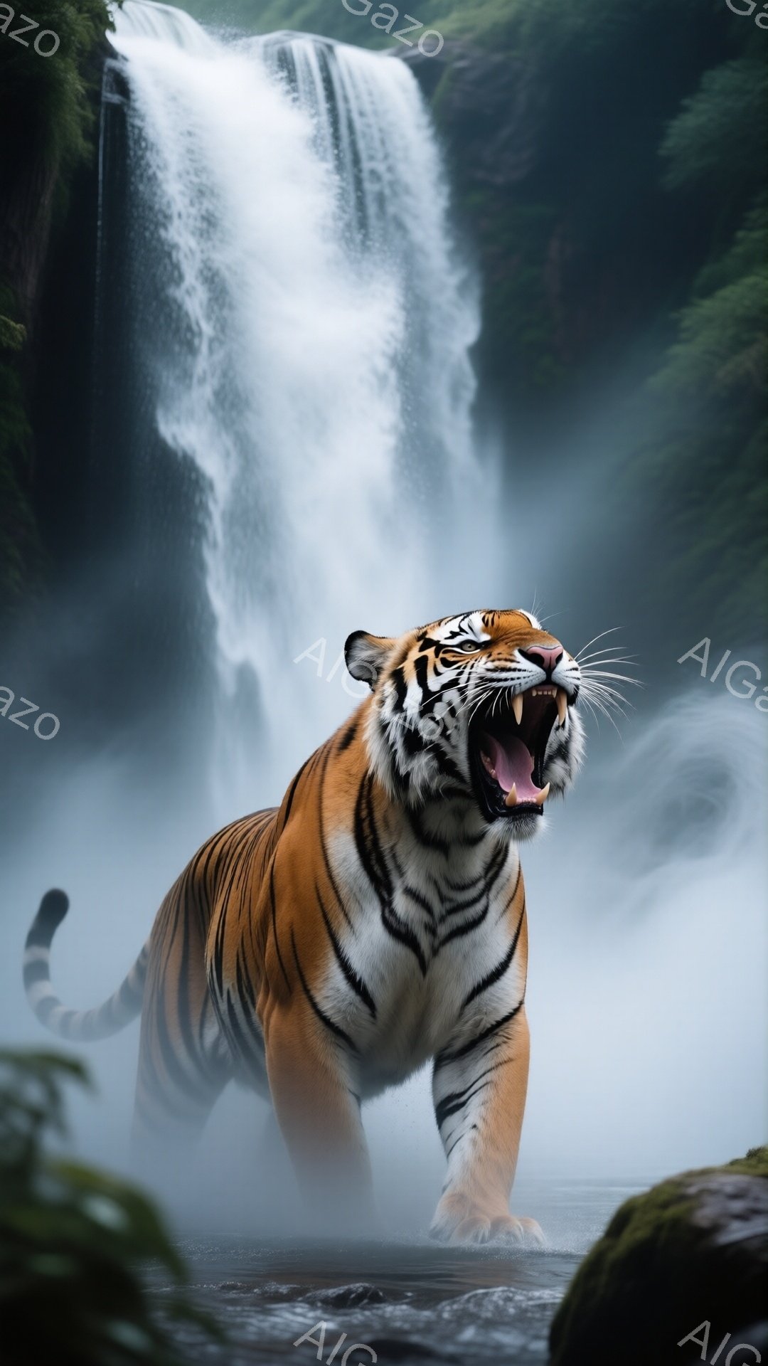 広大な滝を背景に、咆哮するトラが水の中を歩いている姿が捉えられています。オレンジと黒の縞模様が鮮やかで、力強く、野生的な雰囲気を醸し出しています。滝の白い水しぶきと周囲の緑が、トラの鮮やかさを引き立て、自然の迫力を感じさせます。