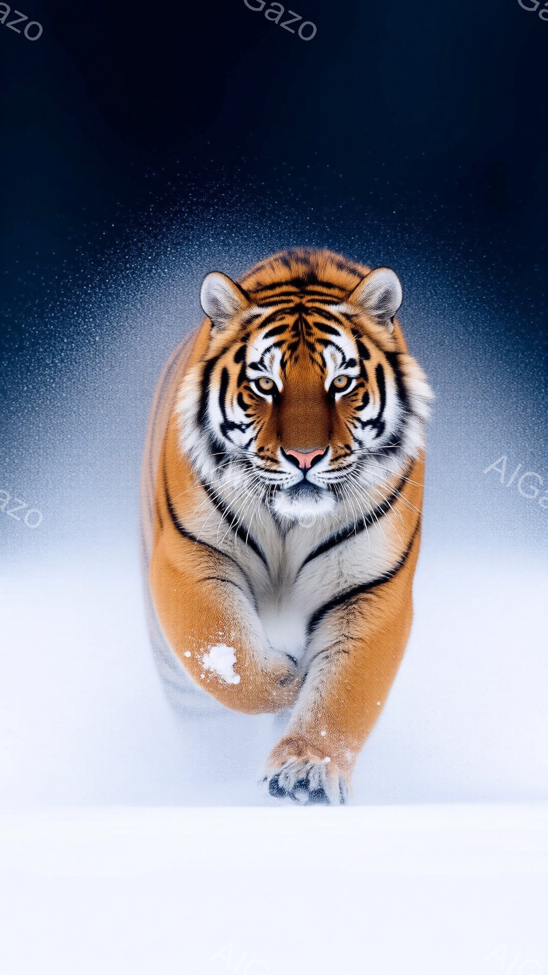 強力なトラが雪の中を力強く歩いている姿が捉えられています。その毛並みは鮮やかなオレンジ色と黒色の縞模様で、雪の白さとのコントラストが際立っています。背景は暗い青色で、雪片が舞い散る様子が描かれ、全体として野生と力強さを感じさせる雰囲気です。