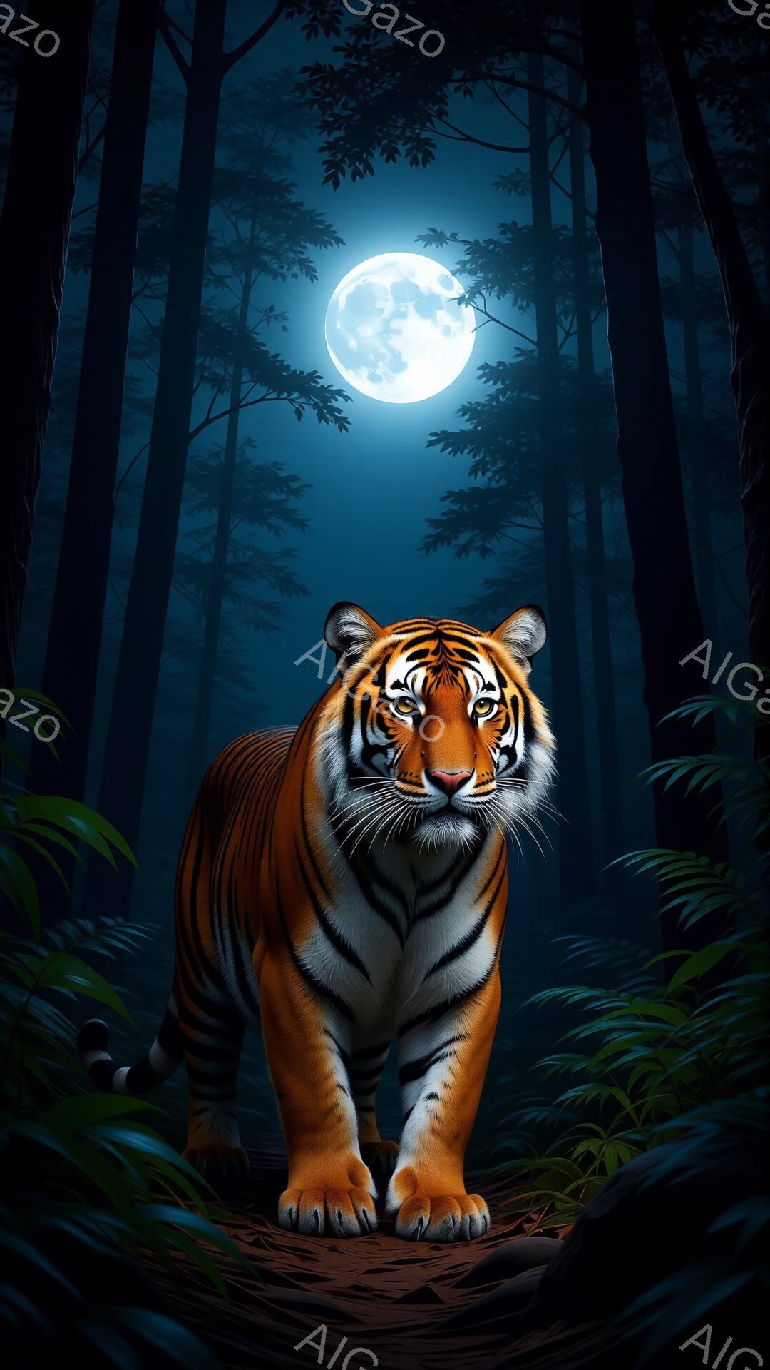 暗い森の中に、縞模様の大きなトラが正面を向いて立っている。月明かりが木々の間から差し込み、トラの力強い姿を照らし出している。背景には深い緑の草木が茂り、神秘的で緊張感のある雰囲気を醸し出している。