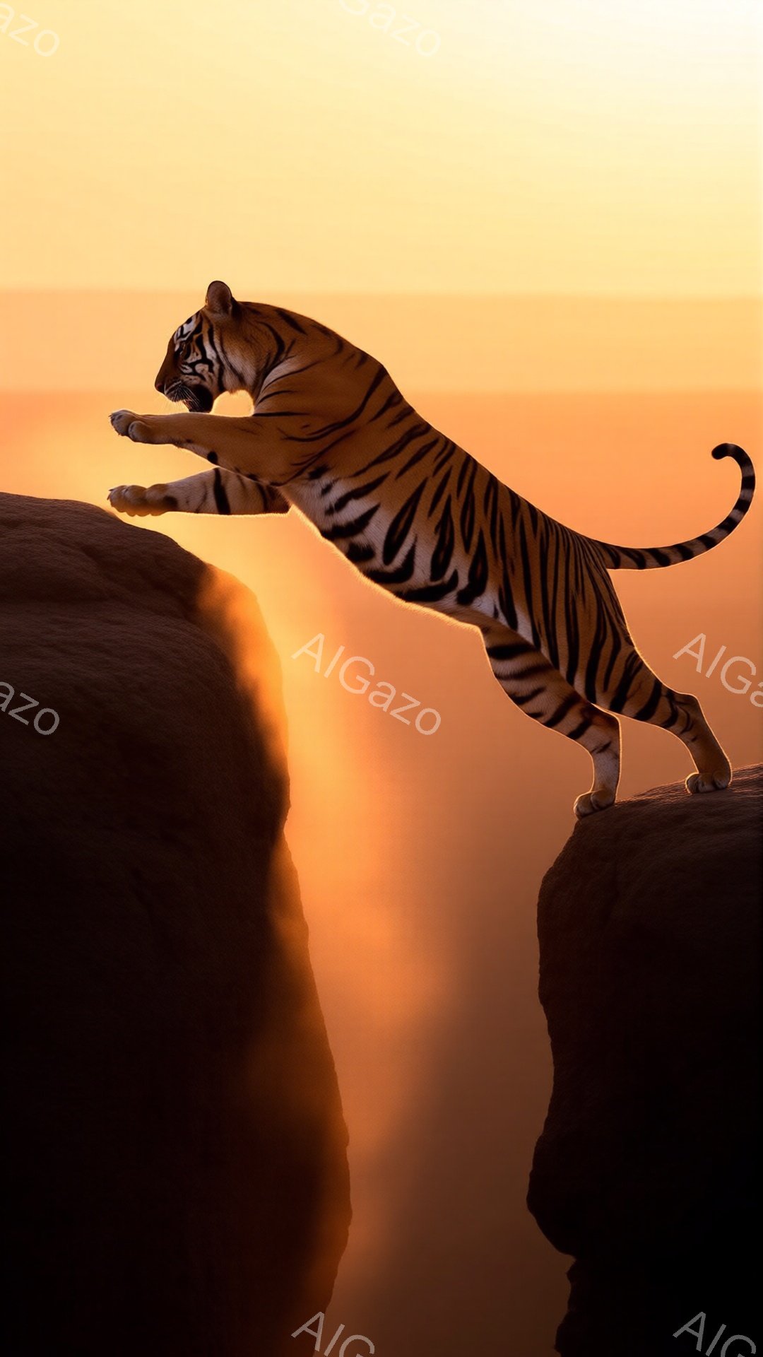岩の崖の上に、鋭い爪を立てて、まるで飛び降りる寸前のようなトラが描かれている。背景は燃えるような夕焼けで、崖の影が深く、ドラマチックな雰囲気を醸し出している。この画像は、野生の力強さと、不安定な状況におけるトラの決意を表現している。