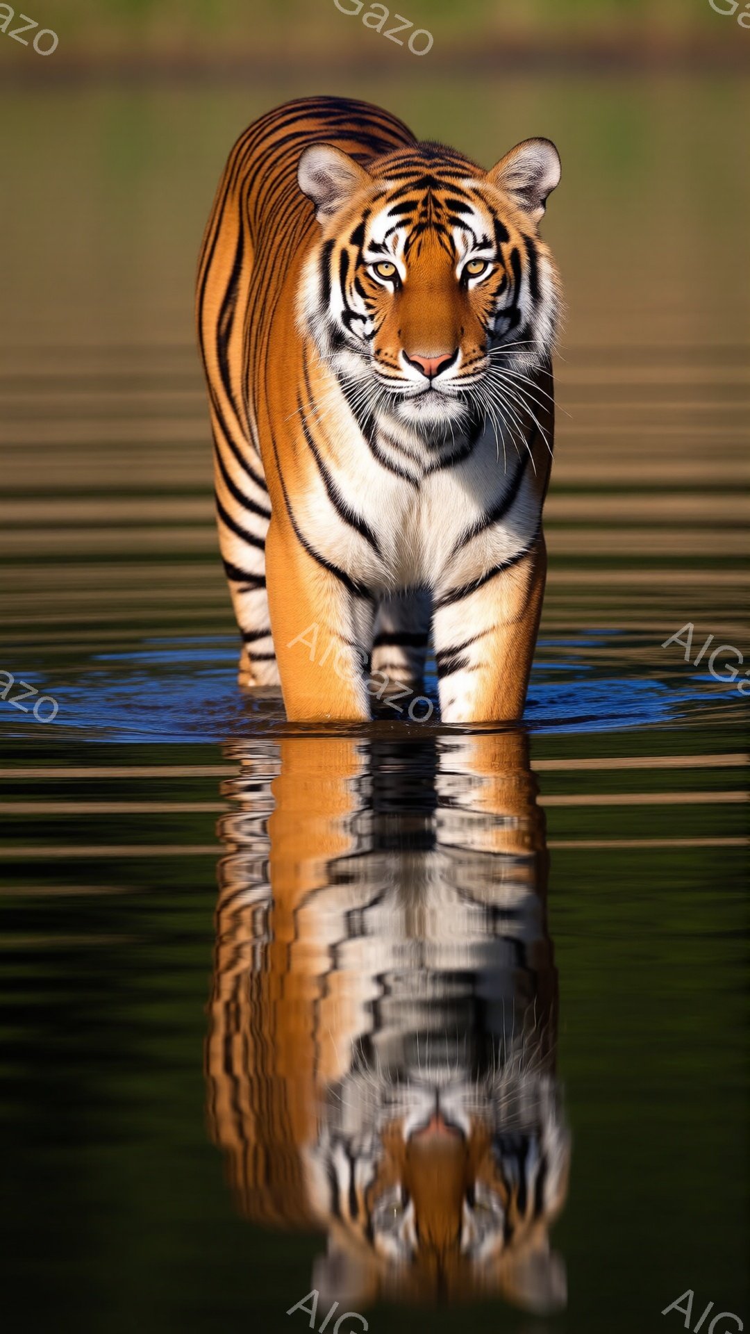 広大な水面にトラが歩を進めています。その毛並みは鮮やかなオレンジ色と黒の縞模様で、水面に美しい反射を作り出しています。背景は緑豊かな自然で、水面が穏やかな光を反射し、力強くも静かな雰囲気を醸し出しています。