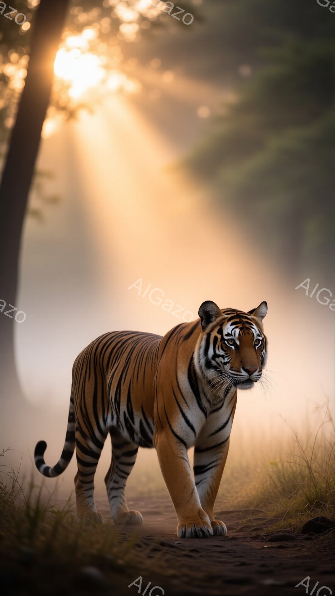 縞模様のトラが、薄暗い森の中の道を進んでいます。太陽の光線が森の間から差し込み、ドラマチックな雰囲気を醸し出しています。トラは力強く堂々とした姿勢で、前方をまっすぐ見据えています。