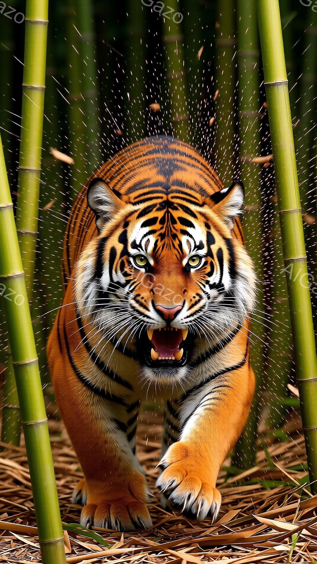 鮮やかなオレンジと黒の縞模様を持つ巨大なトラが、カメラに向かって力強く歩いてくる姿が捉えられています。鋭い眼光と開いた口からは、強い捕食者の威厳が感じられ、その堂々とした姿勢は、周囲の竹林を背景に、自然の力強さを際立たせています。地面には落葉が散らばり、背景の竹林とトラのコントラストが、力強い躍動感を強調しています。