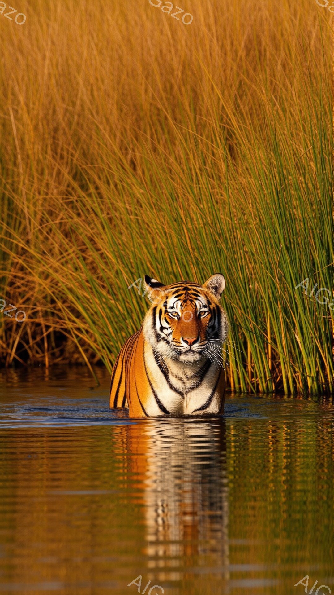 広大な水辺に、雄大なベンガルトラが水に浸かって佇んでいます。その毛並みは黄金色と黒色のストライプで輝き、鋭い視線で正面を見据えています。背景には背の高い葦が生い茂り、水面に映る虎の姿と相まって、静かで力強い雰囲気を醸し出しています。