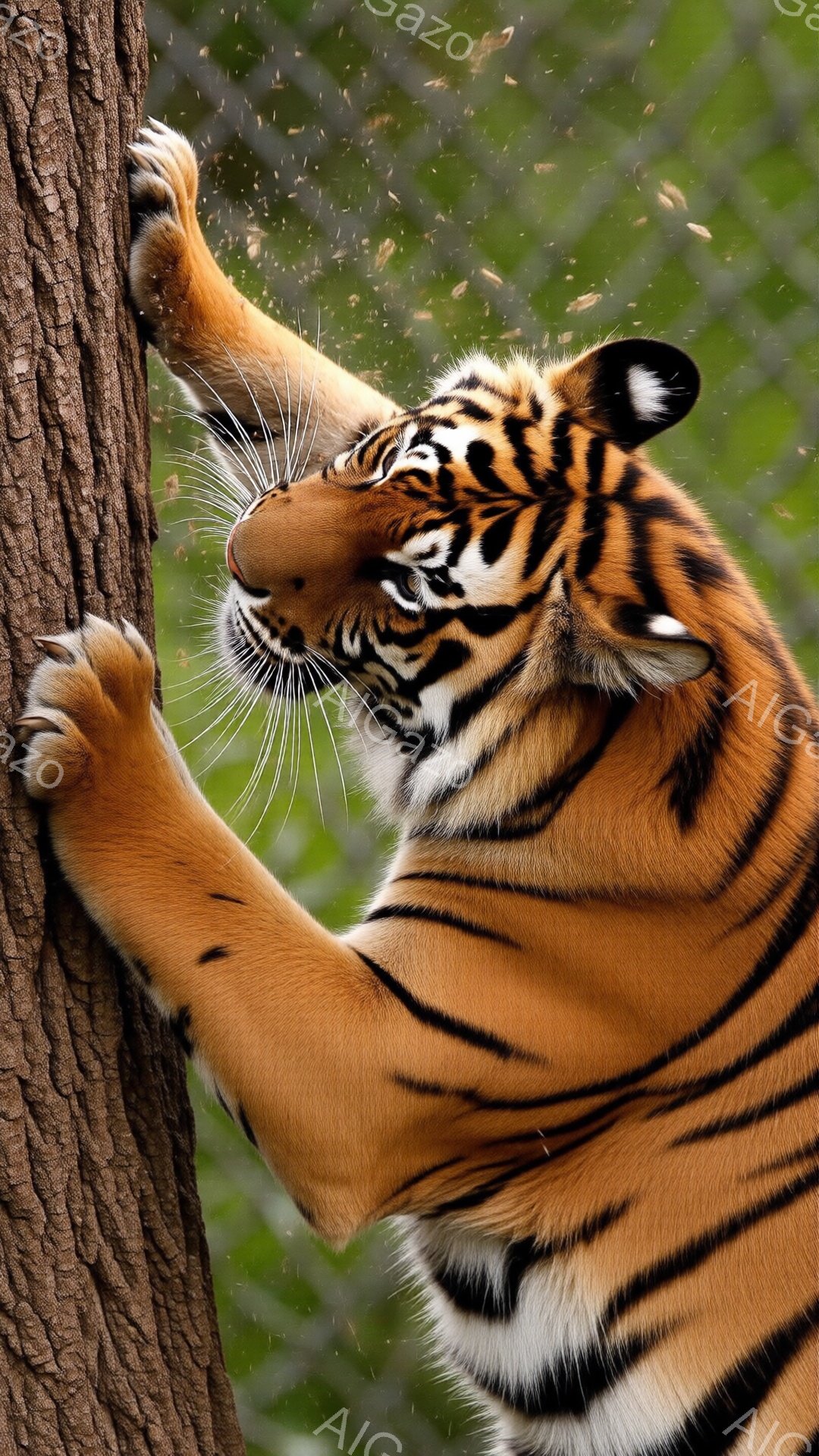鮮やかなオレンジと黒の縞模様を持つ巨大なトラが、木の幹に爪を立てて体をこすりつけている。トラは後ろ足で立ち上がり、体を大きく反らせており、その表情はリラックスしているように見える。背景には緑の葉とぼやけた木々があり、まるで自然の中でリラックスしている様子を捉えた一枚のようだ。