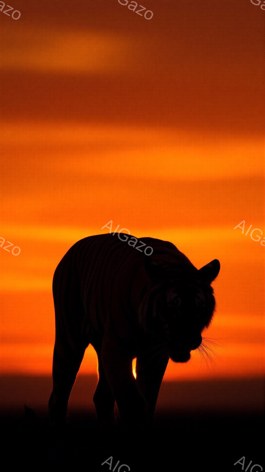 暗いシルエットで描かれた虎が、夕焼けのようなオレンジ色の背景を前にかがんで立っている。その姿は力強く、獲物を狙っているかのような緊張感が漂っている。背景は鮮やかなオレンジ色のグラデーションで、まるで燃え盛るような夕焼けの空を思わせ、ドラマチックな雰囲気を醸し出している。