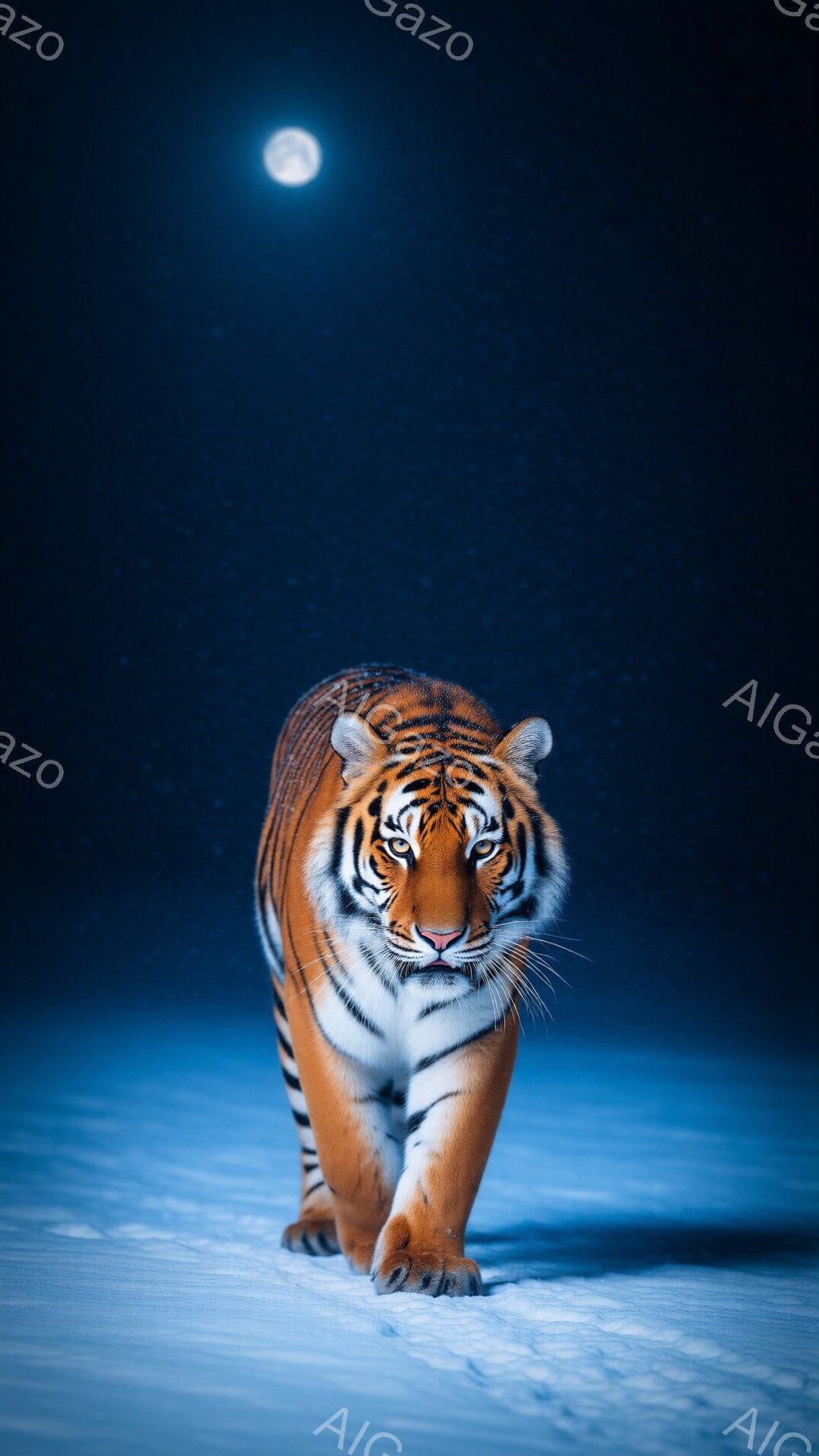 鮮やかなオレンジと黒の縞模様を持つ大きなトラが、白い雪原をまっすぐこちらに向かって歩いてくる様子が捉えられています。月明かりが雪面を照らし、トラの力強い姿を際立たせています。背景は深い青色の夜空で、静寂と緊張感が漂う、神秘的な雰囲気です。