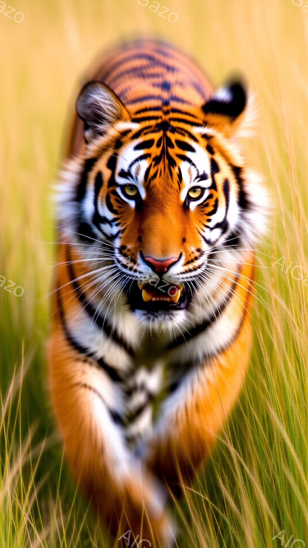 鮮やかなオレンジと黒の縞模様を持つ巨大なトラが、緑色の草むらの中をカメラに向かって歩いてくる様子が捉えられています。トラは口を開け、牙をむき出しにしており、鋭い眼光で力強い印象を与えます。背景はぼやけており、自然な環境の中で、捕食者としての威厳と迫力を強調しています。