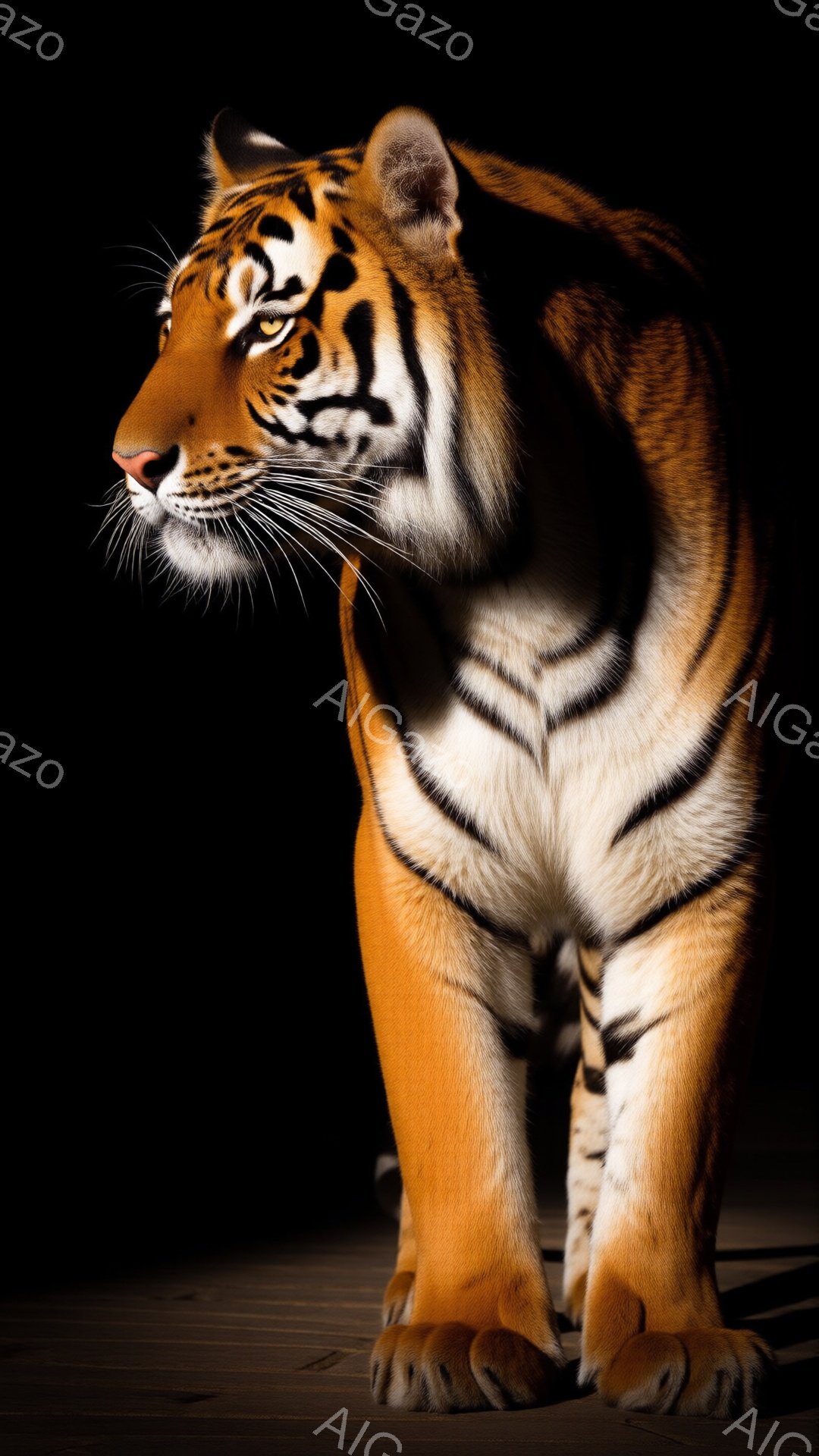 鮮やかなオレンジと黒の縞模様を持つトラが、暗い背景を背景に描かれています。トラは前足を少し前に出し、鋭い視線でどこか遠くを見つめており、力強く威厳のある姿を見せています。床面は木製で、ライティングによってトラの筋肉質な体格が強調され、堂々とした雰囲気を醸し出しています。