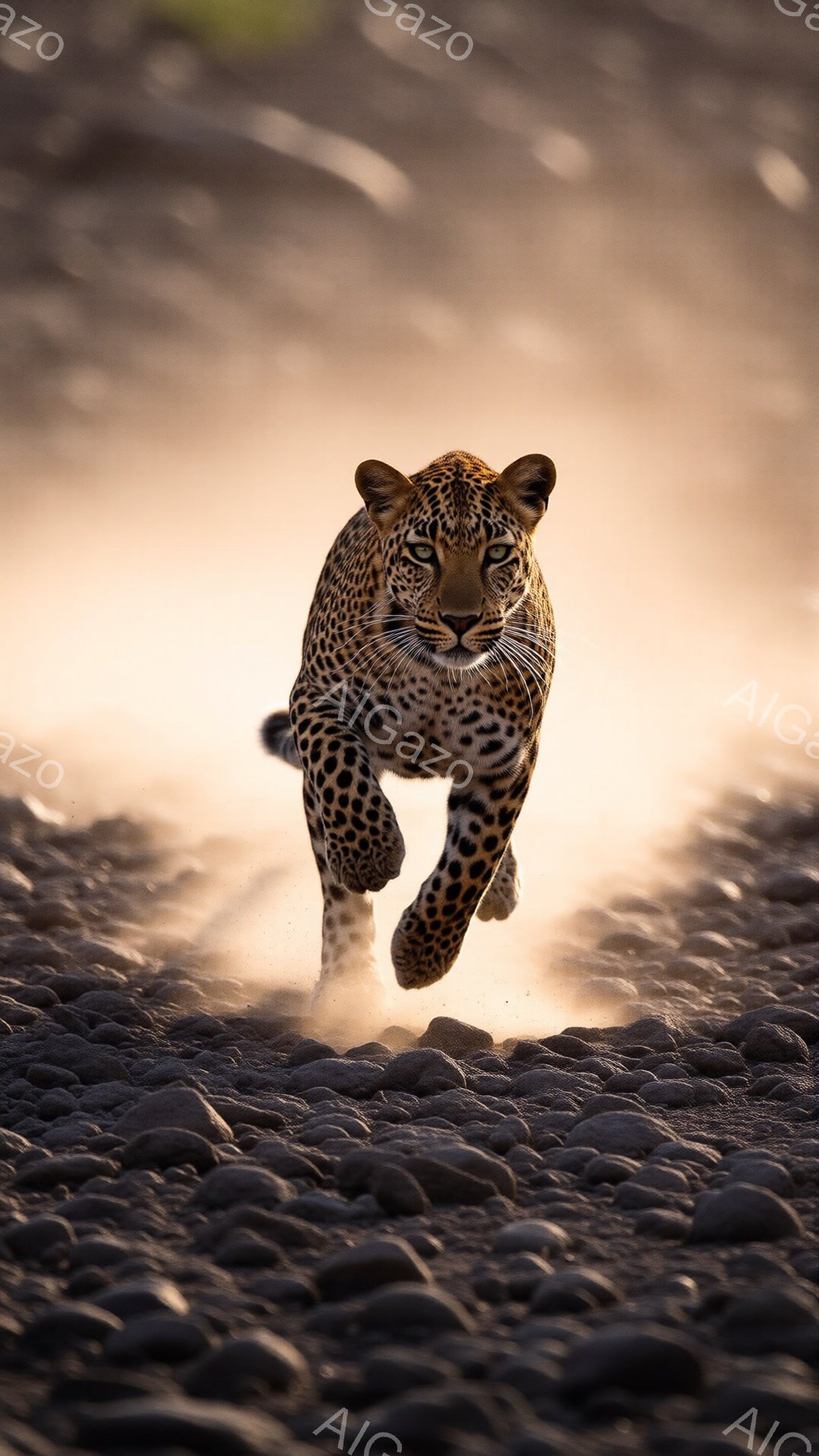 砂利の地面をヒョウが勢いよく走っている姿が捉えられている。太陽光が砂利を照らし、ヒョウの毛並みと動きを強調している。その表情は鋭く、獲物を狙うかのように力強く前進している様子が伝わる。