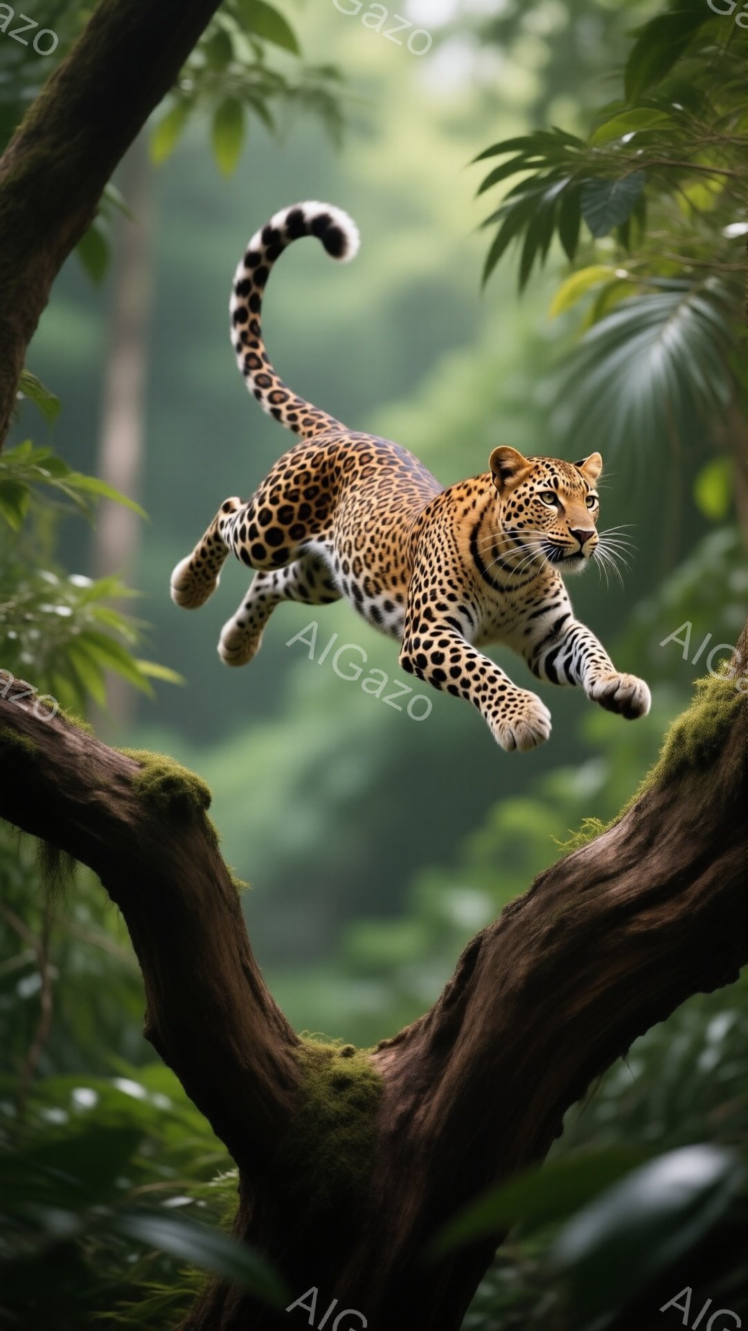 緑豊かなジャングルの木の上で、ヒョウが躍動的な姿勢で飛び越えている様子が捉えられています。その毛並みは鮮やかな斑点で覆われ、力強い筋肉と鋭い視線が野生の力強さを表現しています。背景は濃い緑の葉で覆われ、湿気のある熱帯の雰囲気を醸し出しています。