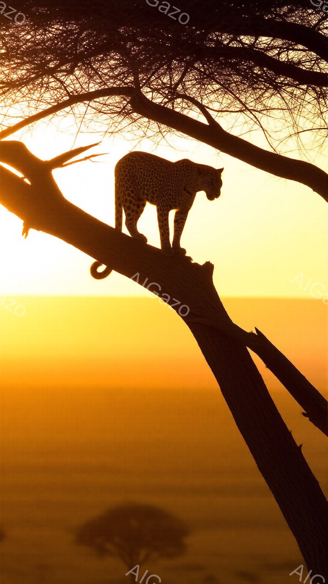 オレンジ色の夕焼けを背景に、木の上にヒョウがシルエットで描かれています。ヒョウは枝に沿って前進しているように見え、その姿は力強く、優雅です。遠くには他の木々がぼんやりと見え、サバンナのような自然環境を示唆しています。