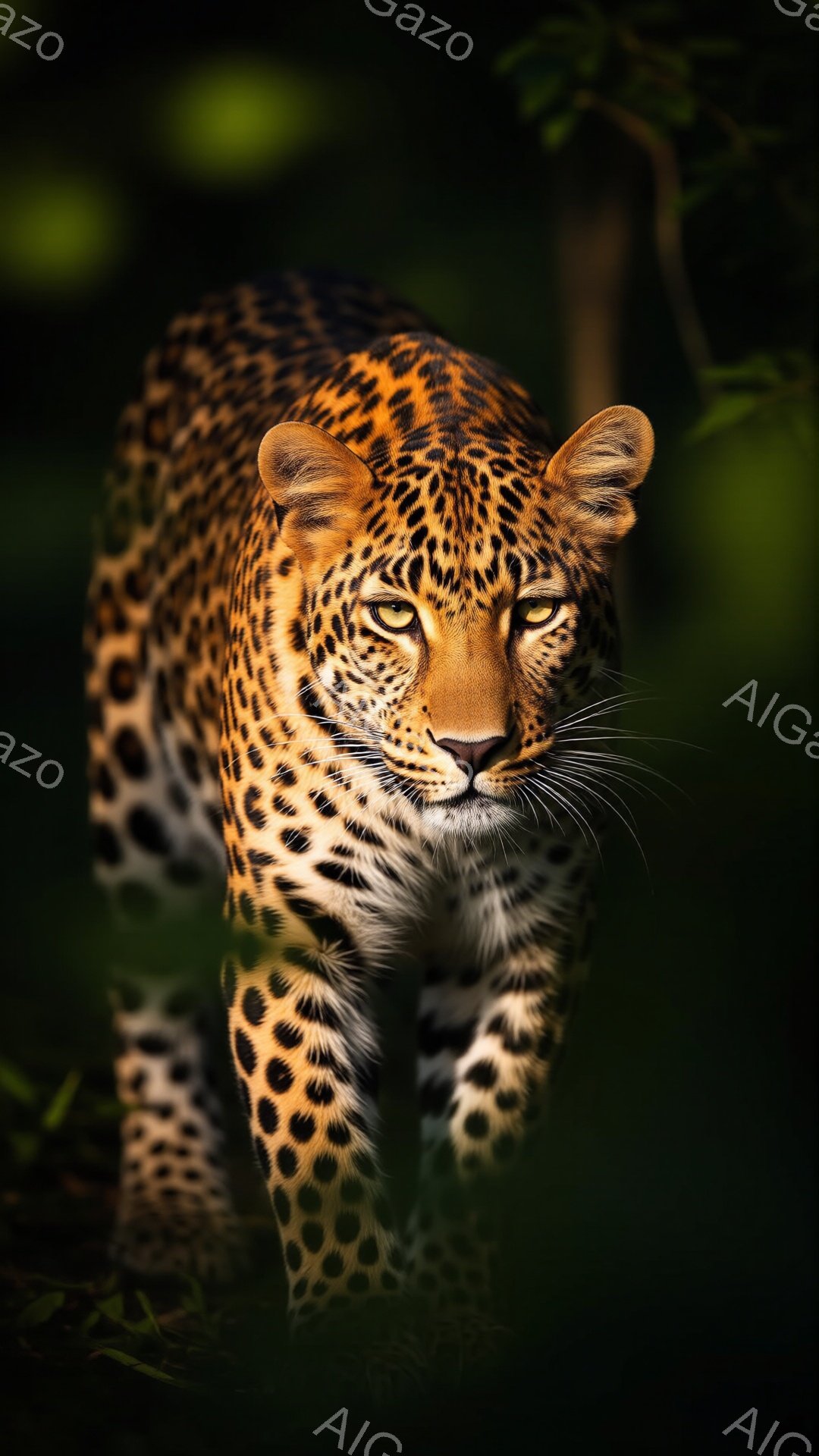 鮮やかな斑点模様を持つヒョウが、緑豊かな植物の中に堂々と歩いています。その視線は鋭く、獲物を狙っているかのような強い意志が感じられます。背景は暗く、ヒョウの存在感を際立たせており、野生の神秘的な雰囲気を醸し出しています。