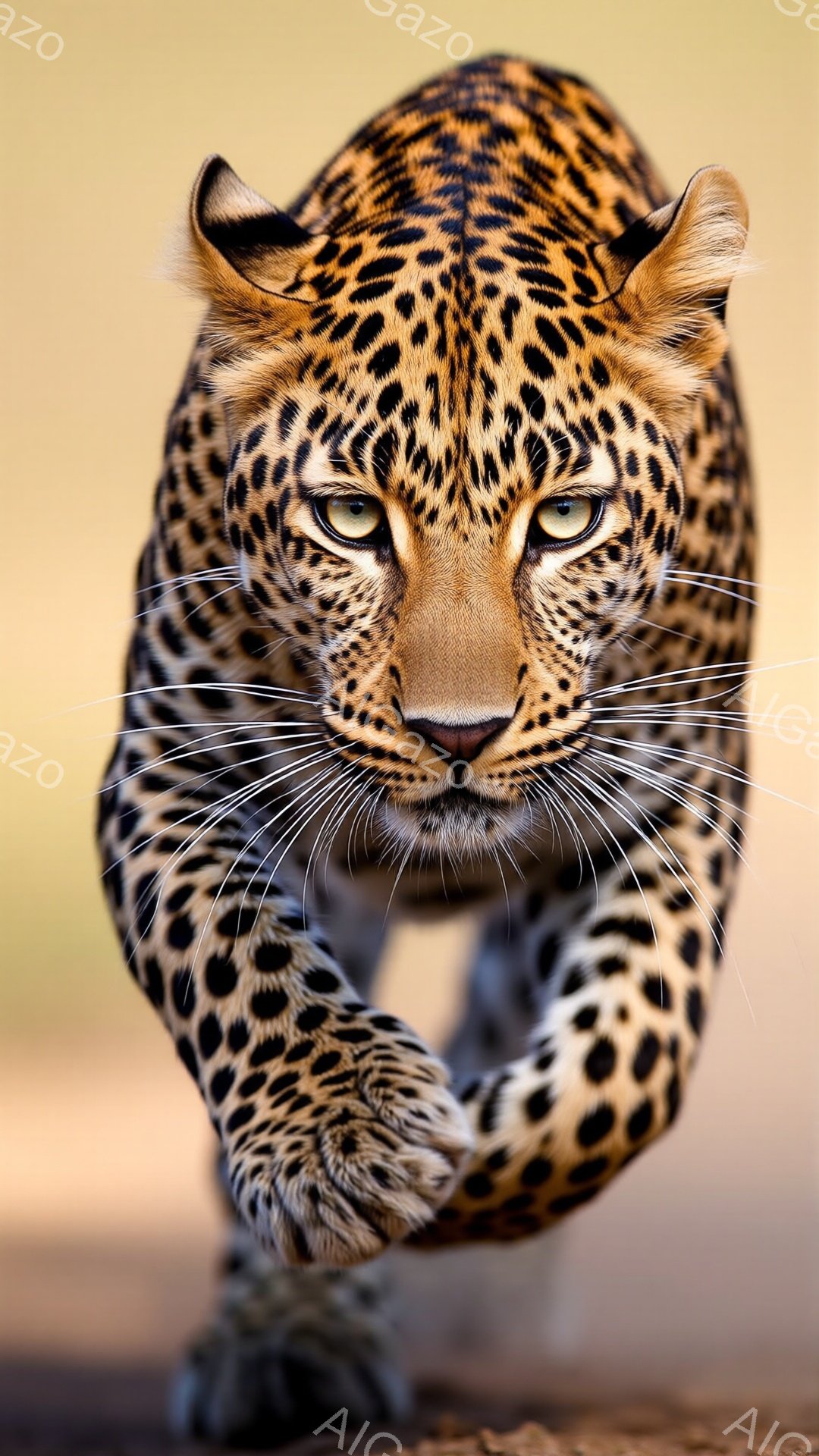 鮮やかな斑点模様を持つヒョウが、カメラに向かって力強く歩み寄る姿が捉えられています。鋭い眼光と引き締まった口元からは、野生の力強さと自信が感じられます。背景はぼやけた茶色の地面で、ヒョウの力強い姿を際立たせています。