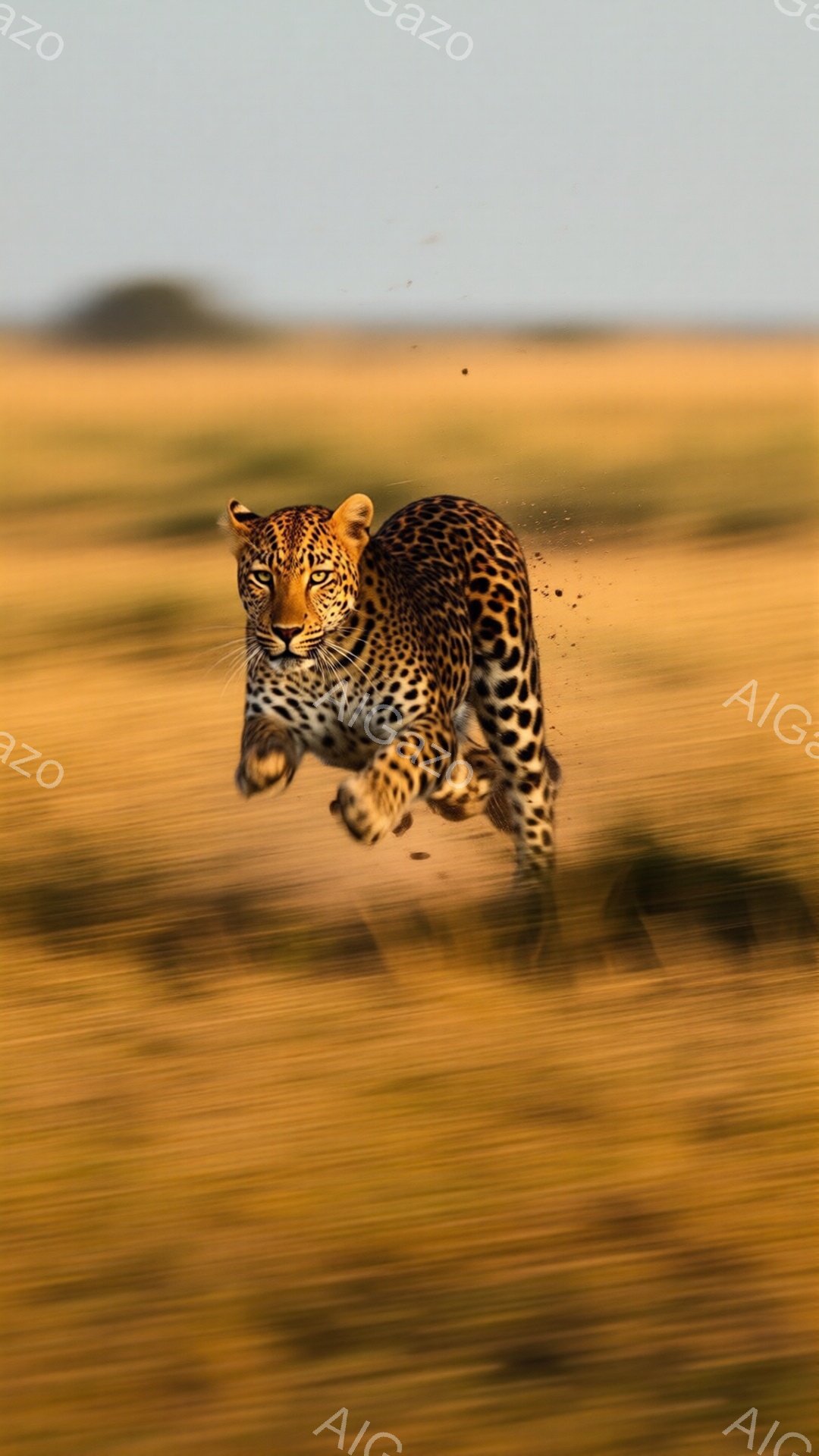 広大なサバンナをヒョウが全速力で駆け抜けている様子が捉えられた写真です。ヒョウは、鋭い眼光を輝かせ、筋肉質な身体を大きく広げ、地面を蹴り上げています。背景は、夕焼けに染まる黄金色の草原で、動きのある被写体と背景が一体となり、野生の力強さとスピード感を強調しています。