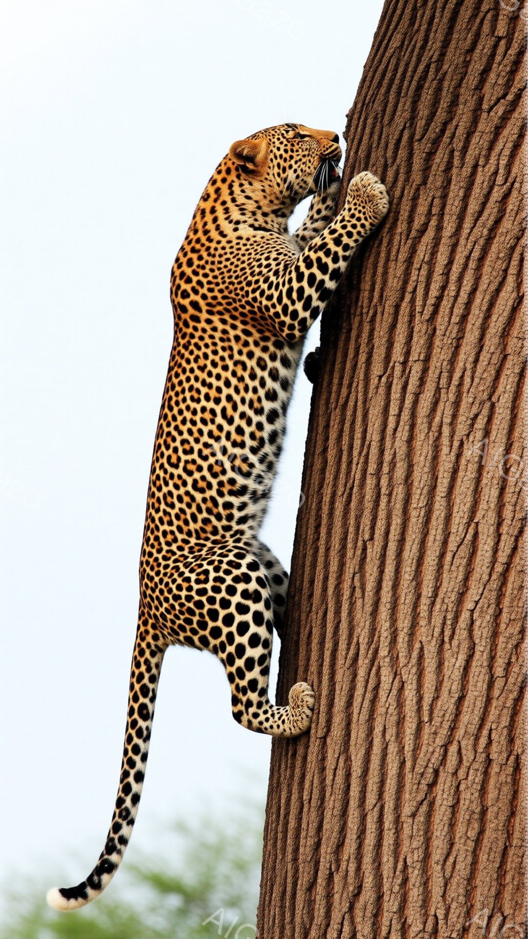 鮮やかな斑点模様を持つヒョウが、太い木の幹に爪を立ててよじ登っている姿が捉えられています。体全体が筋肉質で、力強く木にしがみつき、尾は長く優雅に伸びています。背景には緑色の植物が見え、晴れた日の自然な - AI生成フリー素材