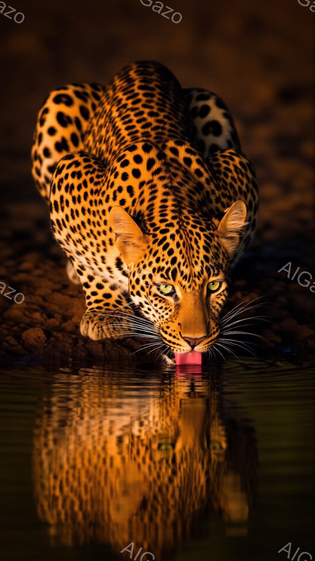 鮮やかなオレンジと黒の斑点を持つヒョウが、水たまりから水を飲んでいる姿が捉えられています。その目は鋭く、集中しており、顎はわずかに開いて、水面を舐めています。背景は暗く、水面に映るヒョウの反射が、神秘的な雰囲気を醸し出しています。