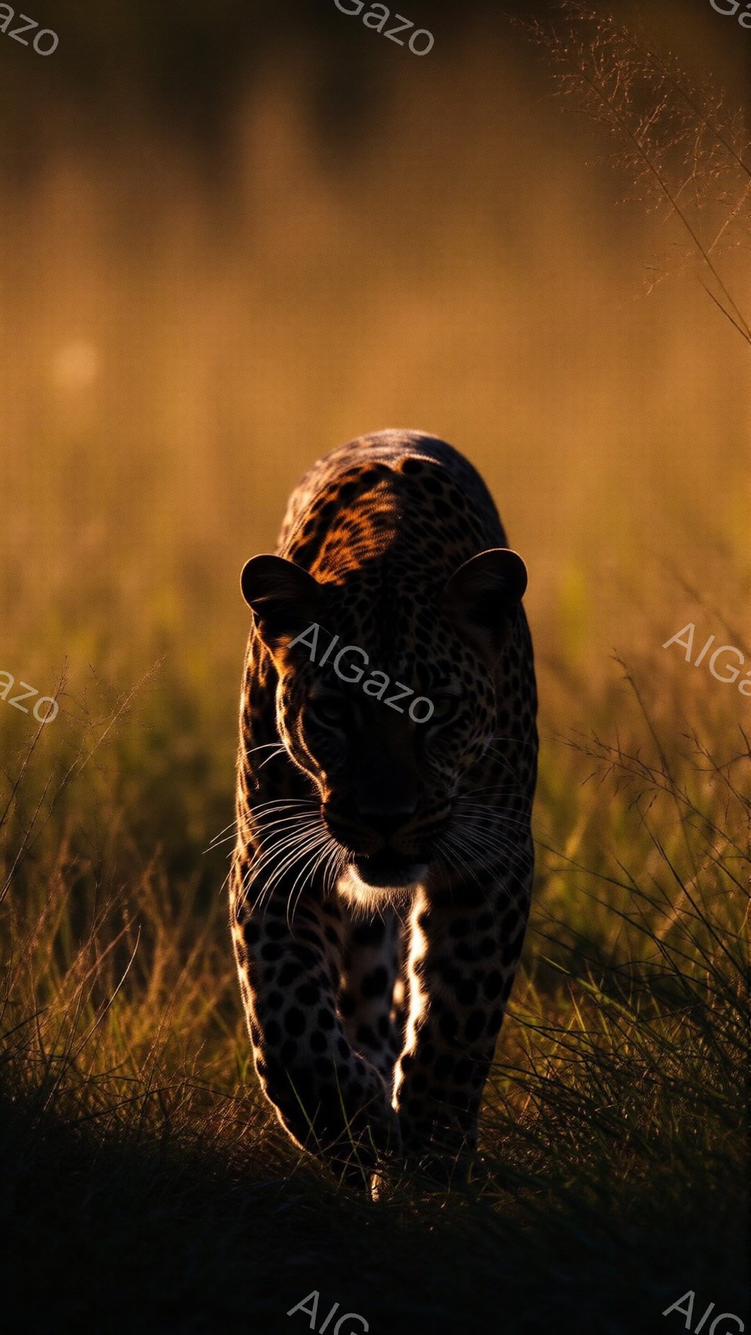 草原を歩むジャガーが写っている。その毛並みは特徴的な斑点模様で覆われ、鋭い眼差しは獲物を捉えているようだ。背景は夕焼けのような暖色で染まり、草の穂が光を受けて輝き、力強く神秘的な雰囲気を醸し出している。