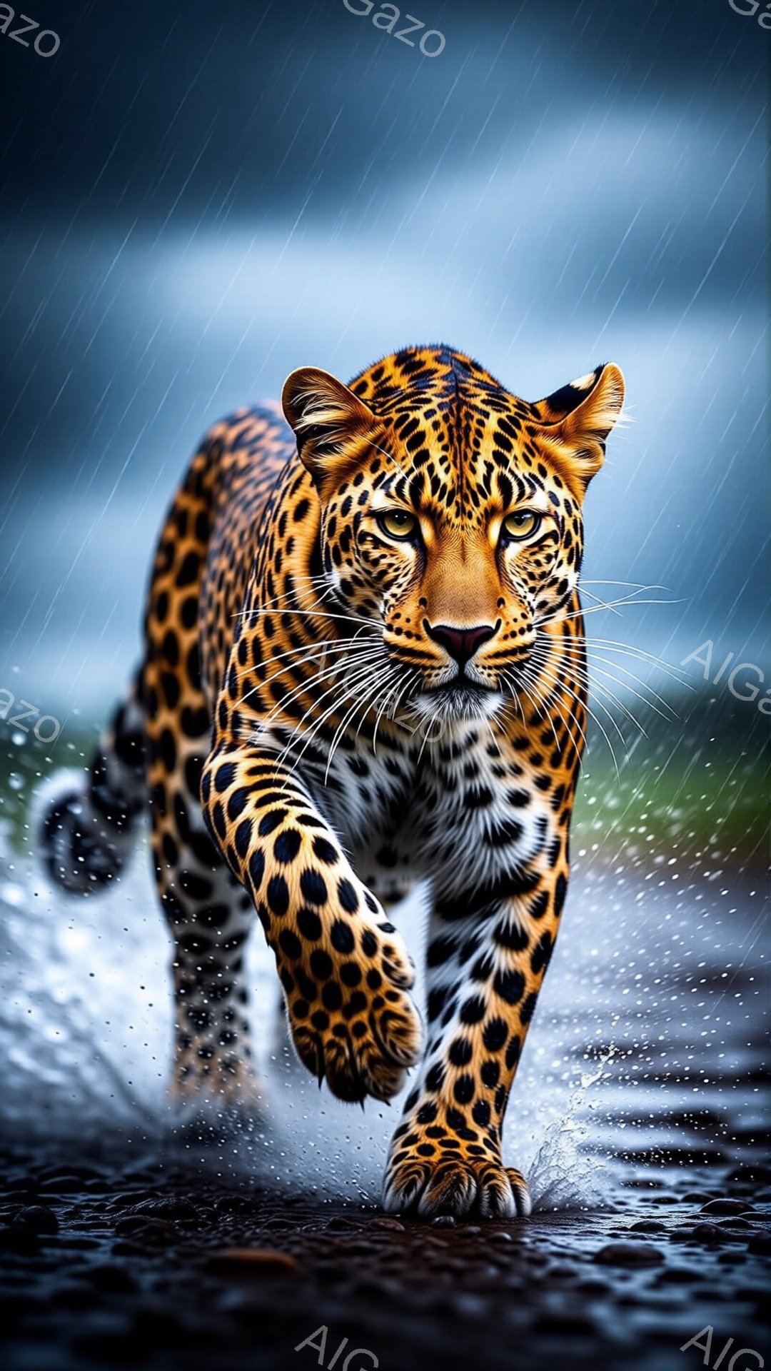 濡れた地面を、スポット模様のヒョウが勢いよく駆け抜けている姿が捉えられています。雨が降りしきる中、獲物を追うかのように、鋭い眼差しと力強い足取りで疾走しています。背景は暗い空と水しぶきで、ヒョウの野生的な力強さと雨の日の厳しい雰囲気を強調しています。