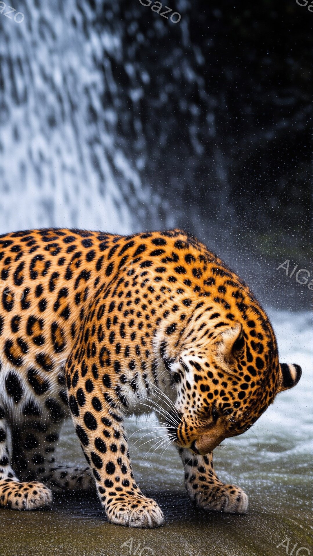 鮮やかな毛並みのジャガーが、水しぶきがかかる地面に前かがみで歩いている姿が捉えられています。その体には水滴がつき、力強い筋肉と独特の模様が際立っています。背景はぼやけており、水流の音が聞こえてくるような、自然の躍動感あふれる雰囲気です。