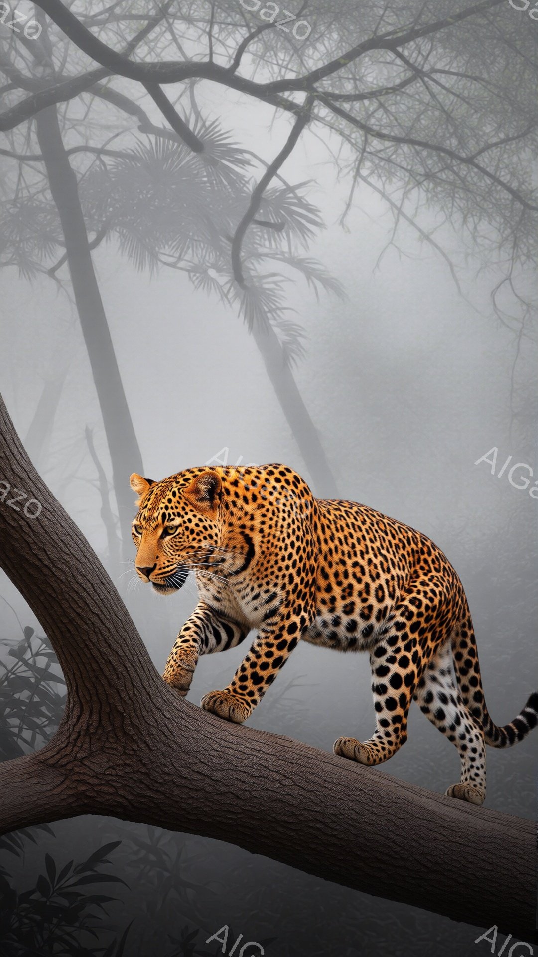 鮮やかなオレンジ色と黒の斑点を持つヒョウが、太い木の枝の上を歩いている。背景は霧に覆われた森林で、木々はシルエットとして浮かび上がり、陰鬱で神秘的な雰囲気を醸し出している。ヒョウは鋭い眼差しで前方を凝視し、力強く、優雅な歩みで進んでいる。
