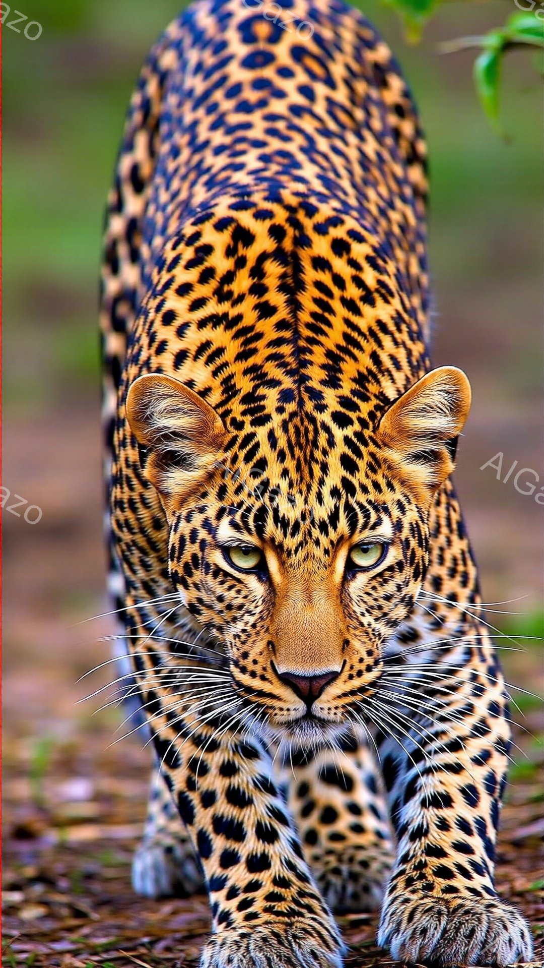 鮮やかな斑模様を持つヒョウが、カメラの方へ歩み寄るように描かれている。鋭い眼光と引き締まった表情は、野生動物の力強さと集中力を表現している。背景は緑豊かな植物に覆われた地面で、自然な環境の中で生きるヒョウの姿を際立たせている。