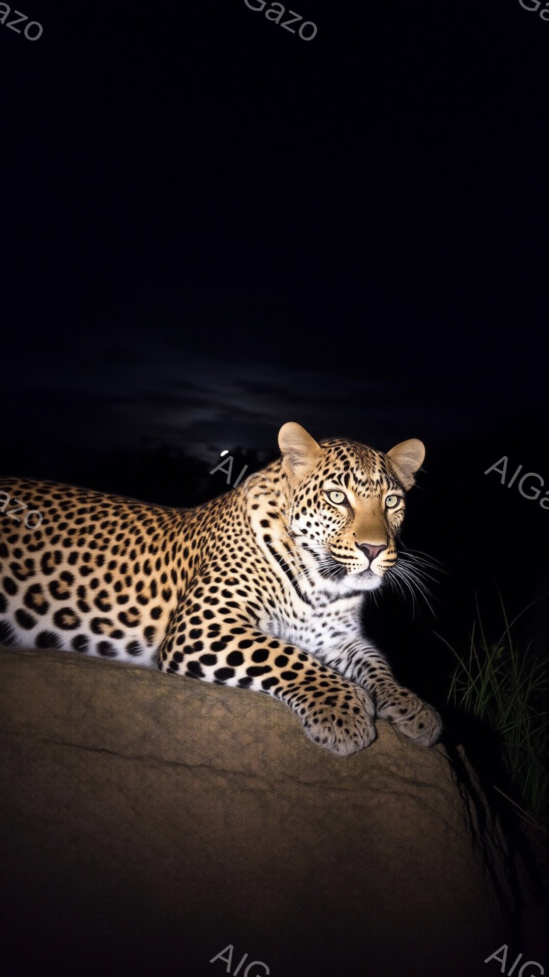鮮やかな斑模様を持つヒョウが、石壁の上に優雅に横たわっている。その視線は鋭く、まるで獲物を狙っているかのように遠くを見つめている。背景は暗く、かすかに草が生えているのが見え、夜間の静寂さと野生の雰囲気を醸し出している。