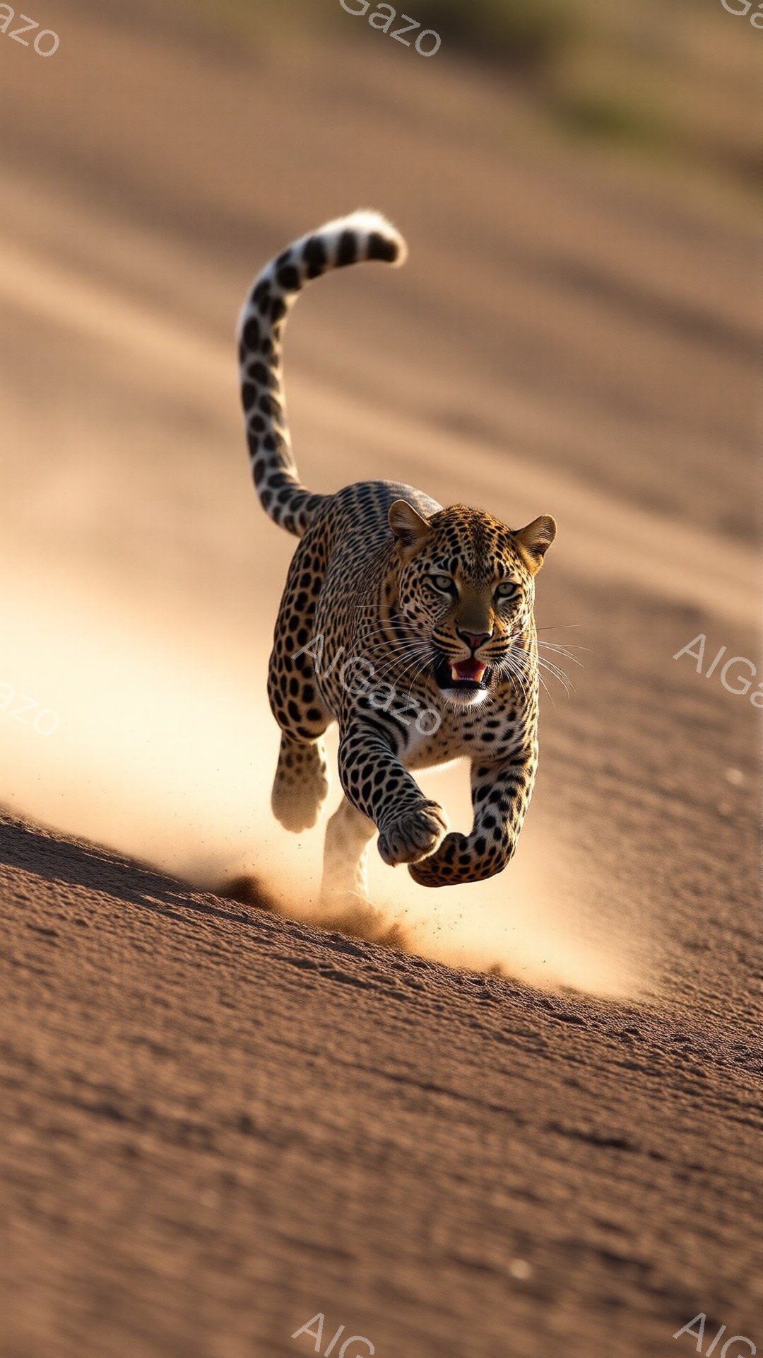 豹が砂漠の地面を猛スピードで駆け抜けている姿が捉えられています。口を開け、鋭い牙を見せ、力強い足で砂煙を巻き上げながら、獲物を追っているかのような躍動感あふれる瞬間です。背景は明るい茶色の砂漠で、太陽光が暖かく照らし出し、野生の生命力と力強さを強調しています。