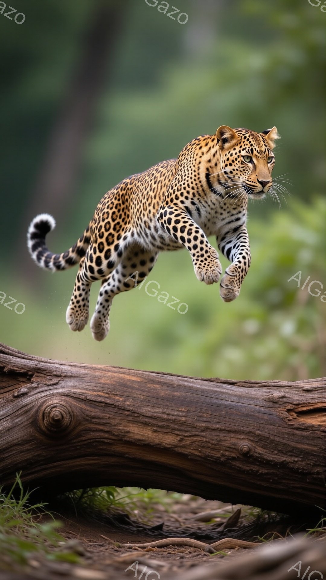 ヒョウが朽木の上を力強く飛び越えている瞬間を捉えた写真です。その毛並みは鮮やかな斑点で覆われ、筋肉質な体つきが躍動感を強調しています。背景は緑豊かな森林で、自然の中で生きる野生動物の力強さと美しさを際立たせています。