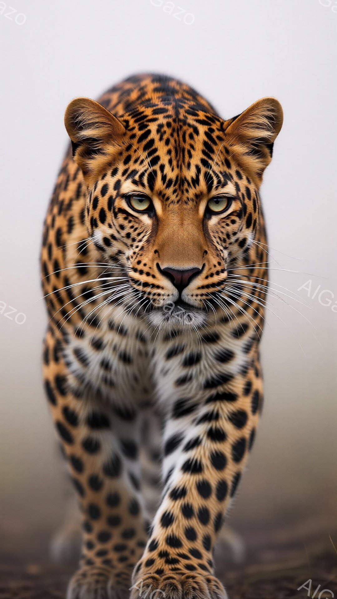 鮮やかな毛並みのヒョウが、カメラに向かって力強く歩み寄っている。その目は鋭く、獲物を狙うかのように見つめている。背景はぼやけており、自然の環境であることがわかるが、詳細な場所は特定できない、緊張感と力強さが感じられる一枚だ。