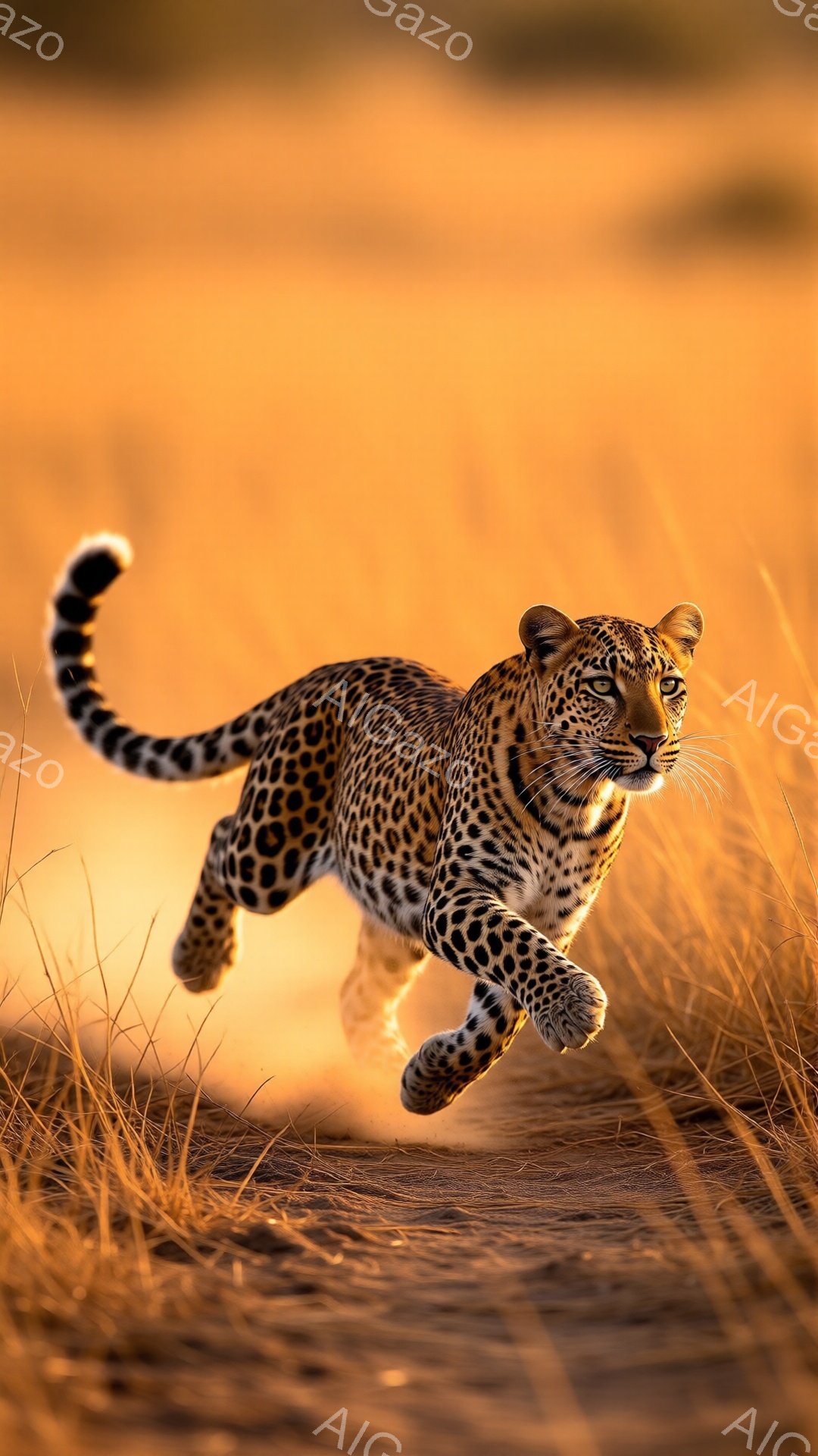 草原を疾走するヒョウが写っている。毛皮は鮮やかな斑点で覆われ、筋肉質な体は躍動感に満ちている。背景は夕焼けのような暖色系の光に包まれ、草原の草がヒョウの動きに合わせてぼやけている。