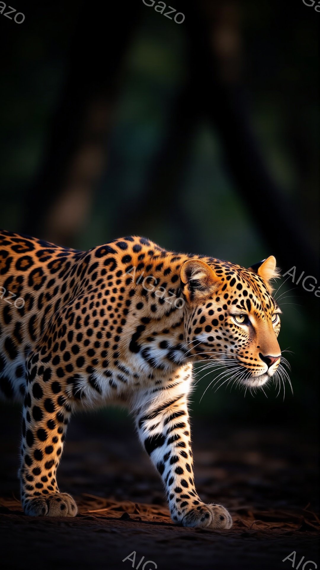 鮮やかな毛並みのヒョウが、暗い森の中を慎重に歩いている様子が捉えられています。強い光がヒョウの側面を照らし、筋肉質な身体のラインと、鋭い眼光を際立たせています。背景は暗い木々に覆われ、ヒョウの野生的な雰囲気を強調しています。