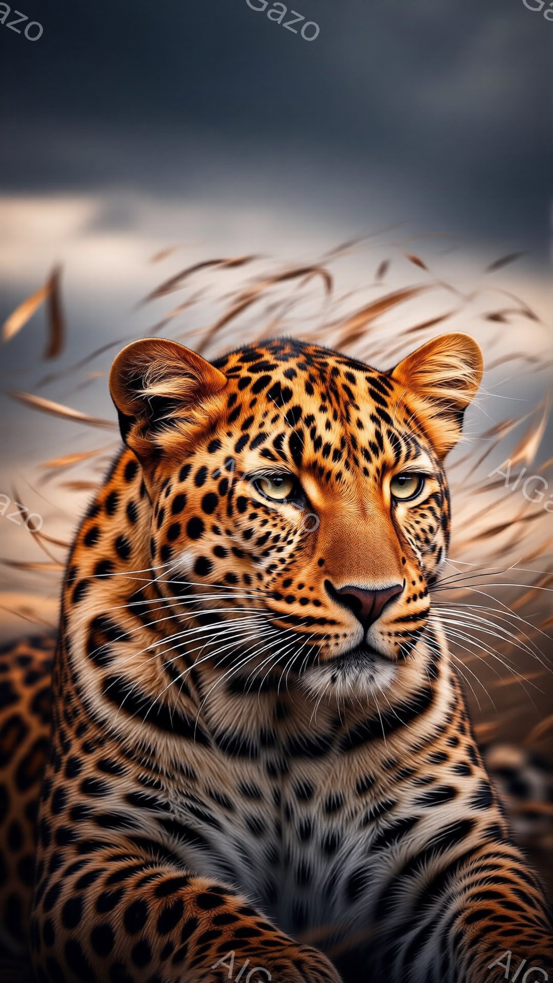 鮮やかな毛並みのヒョウが、鋭い眼差しで正面を見据えている。毛並みは金と黒の濃淡が混ざり合い、力強さと美しさを表現している。背景にはぼやけた茶色の草が舞い、ヒョウの野生的な雰囲気を際立たせている。 - AI生成フリー素材