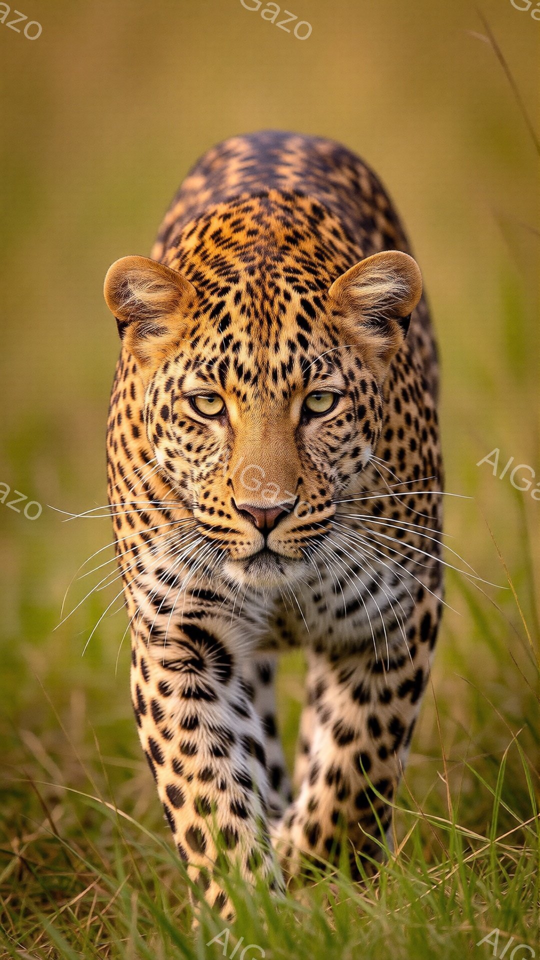 ヒョウが緑色の草むらの中をまっすぐこちらに向かって歩いてくる姿が捉えられています。その毛並みは特徴的な斑点で覆われ、鋭い眼光と長いヒゲが印象的です。背景は穏やかな黄金色の光に包まれ、ヒョウの力強さと野生の雰囲気を際立たせています。