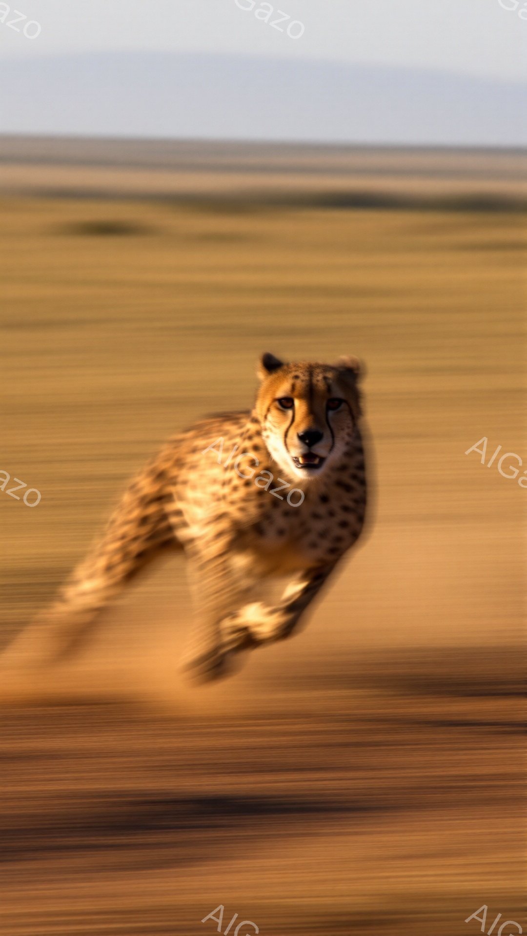 広大なサバンナをチーターが猛スピードで駆け抜けている様子が捉えられた写真です。土埃が舞い上がり、躍動感あふれる姿は、野生の力強さを感じさせます。背景には地平線が見え、晴れた日の穏やかな大自然が広がっています。