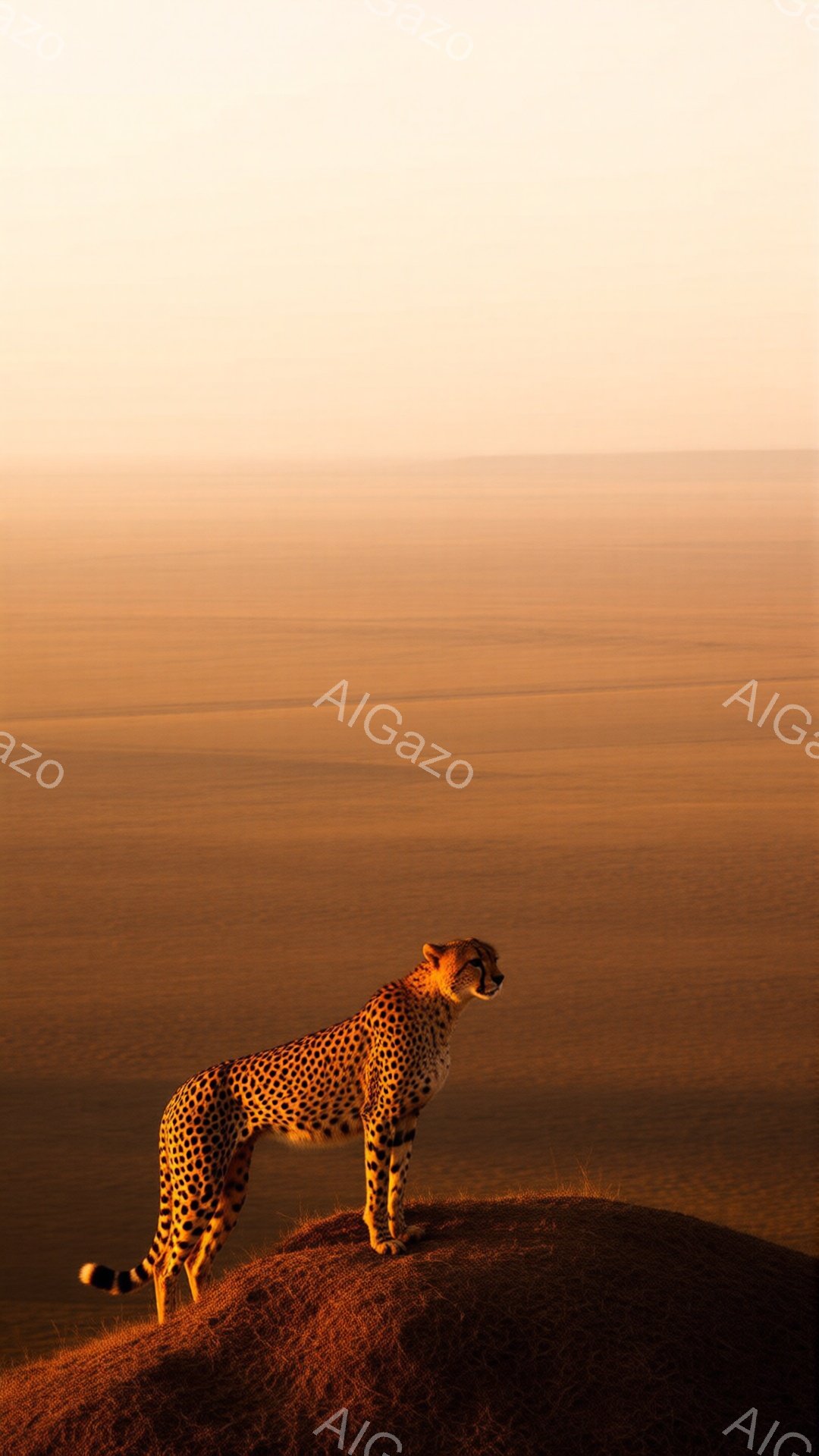 チーターが土製の小丘の上に立ち、遠くを見つめている。背景は夕焼けのようなオレンジ色の霞で覆われ、地平線はぼやけている。 全体的に静かで、平和な雰囲気であり、チーターの力強さと孤独が感じられる。