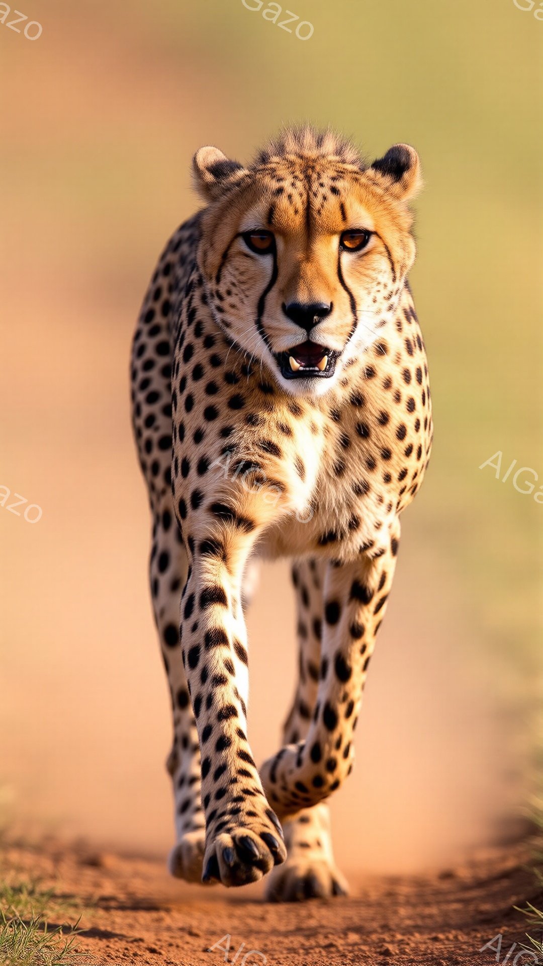 チーターが砂色の道を進んでくる姿が捉えられています。その体には特徴的な黒い斑点が散りばめられており、鋭い眼光で正面を見据えています。背景はぼやけた砂色の風景で、暖かく乾燥した大自然の雰囲気を醸し出しています。