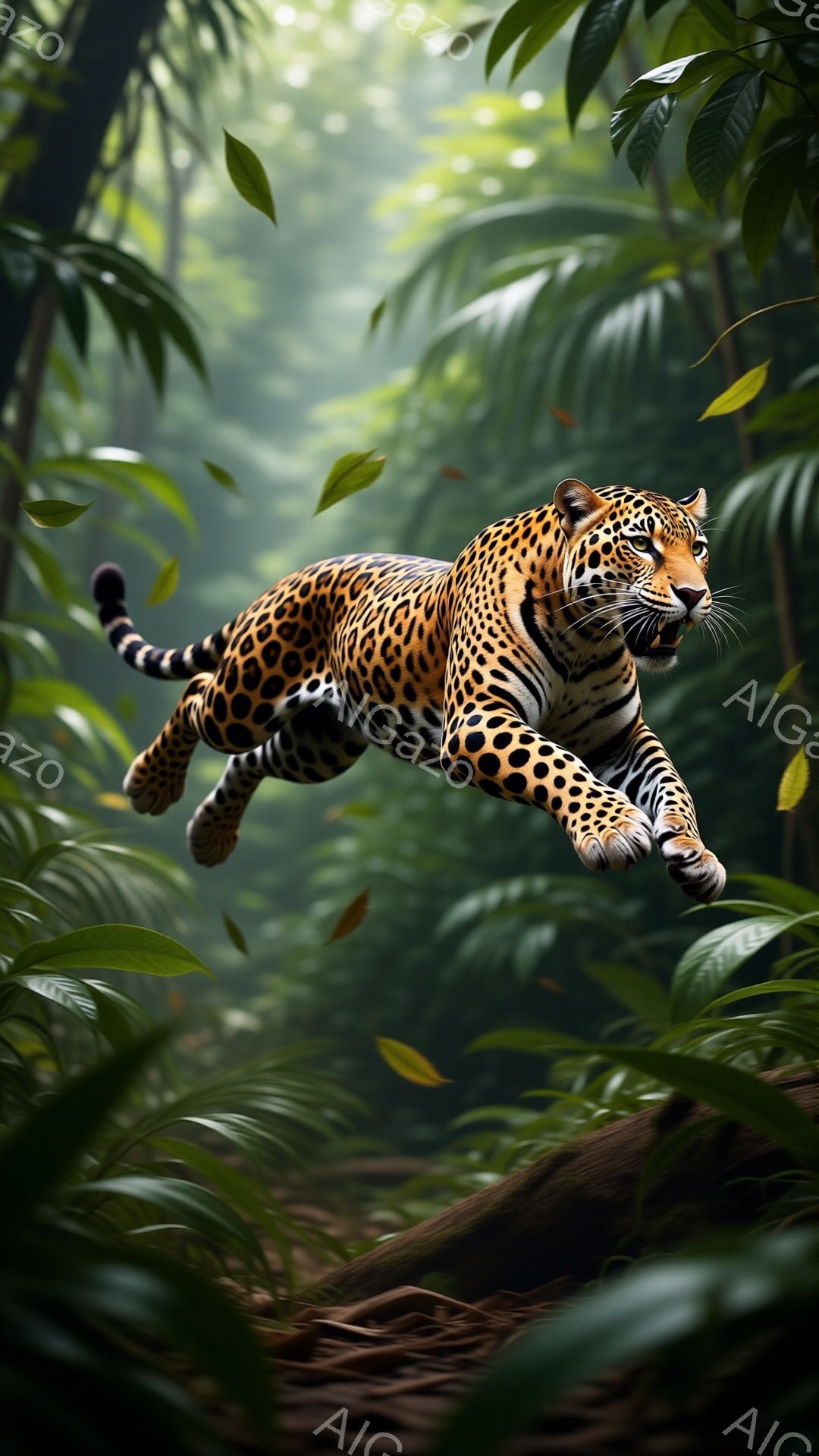 鮮やかなジャガーが緑豊かな熱帯雨林の中で、力強くジャンプしている姿が捉えられています。ジャガーの毛並みは独特の模様で覆われ、筋肉質な身体と鋭い眼差しが際立っています。背景には様々な緑の葉が生い茂り、光が差し込むことで神秘的な雰囲気を醸し出しています。