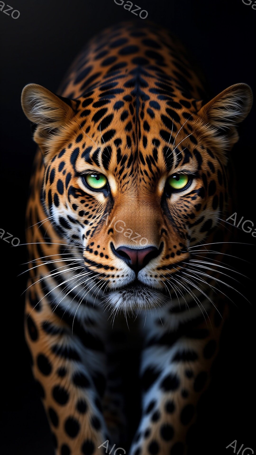 強力なジャガーの顔が、暗闇の中から現れています。その目は鋭い緑色で、獲物を狙うような強い視線を放っています。毛並みは鮮やかな斑点模様で、まるで夜の闇に溶け込むような印象を与えます。